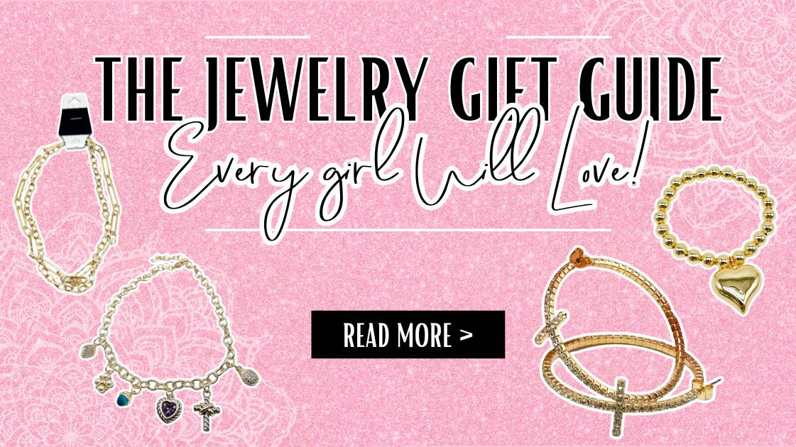 Promotional banner for a jewelry gift guide on a pink background with jewelry images. Text that says 'The Jewelry Gift Guide Every Girl Will Love!'. | Heathered Boho Boutique | Palmetto, FL