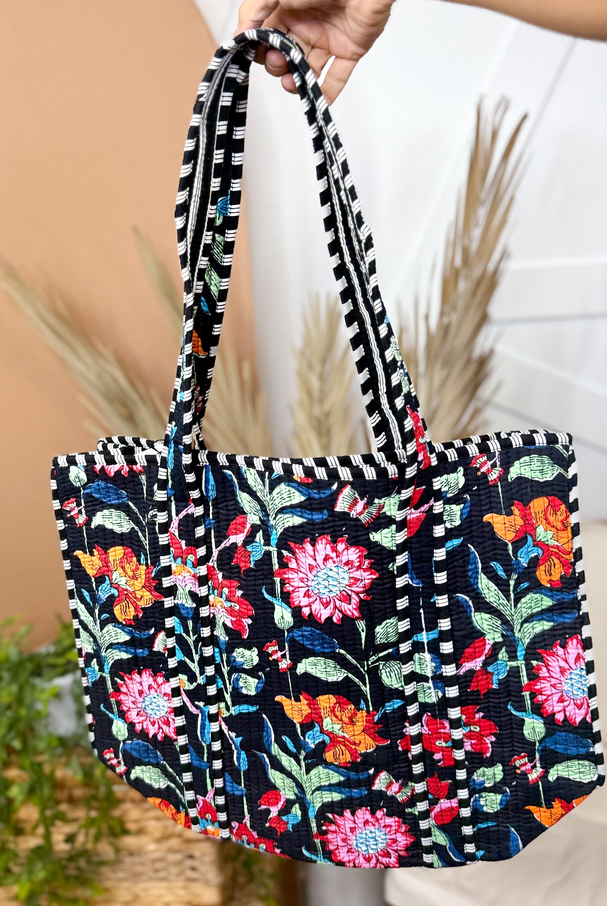Colorful Flower Quilted Tote Bag-320 Bags-LA SOUL-Heathered Boho Boutique, Women's Fashion and Accessories in Palmetto, FL