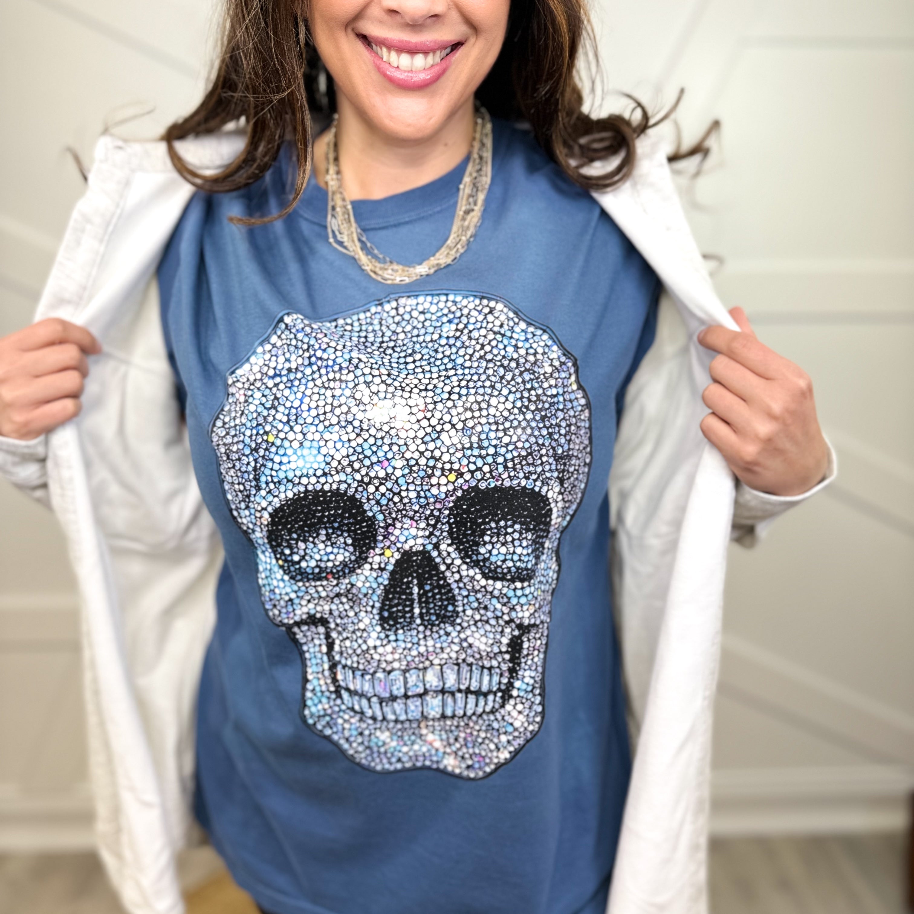 Rhinestone Skull Graphic Tee-130 Graphic Tees-Heathered Boho-Heathered Boho Boutique, Women's Fashion and Accessories in Palmetto, FL