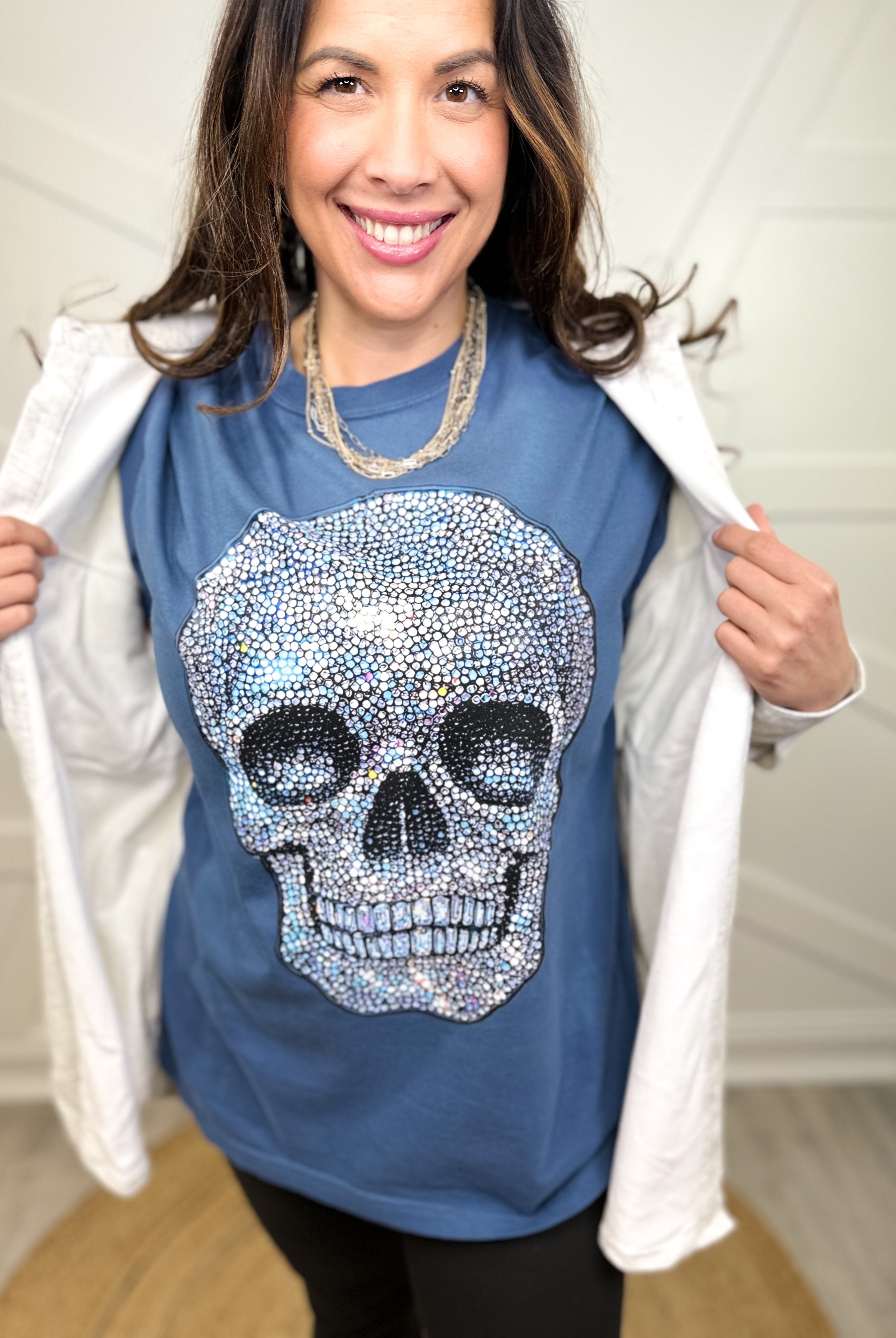 Rhinestone Skull Graphic Tee-130 Graphic Tees-Heathered Boho-Heathered Boho Boutique, Women's Fashion and Accessories in Palmetto, FL