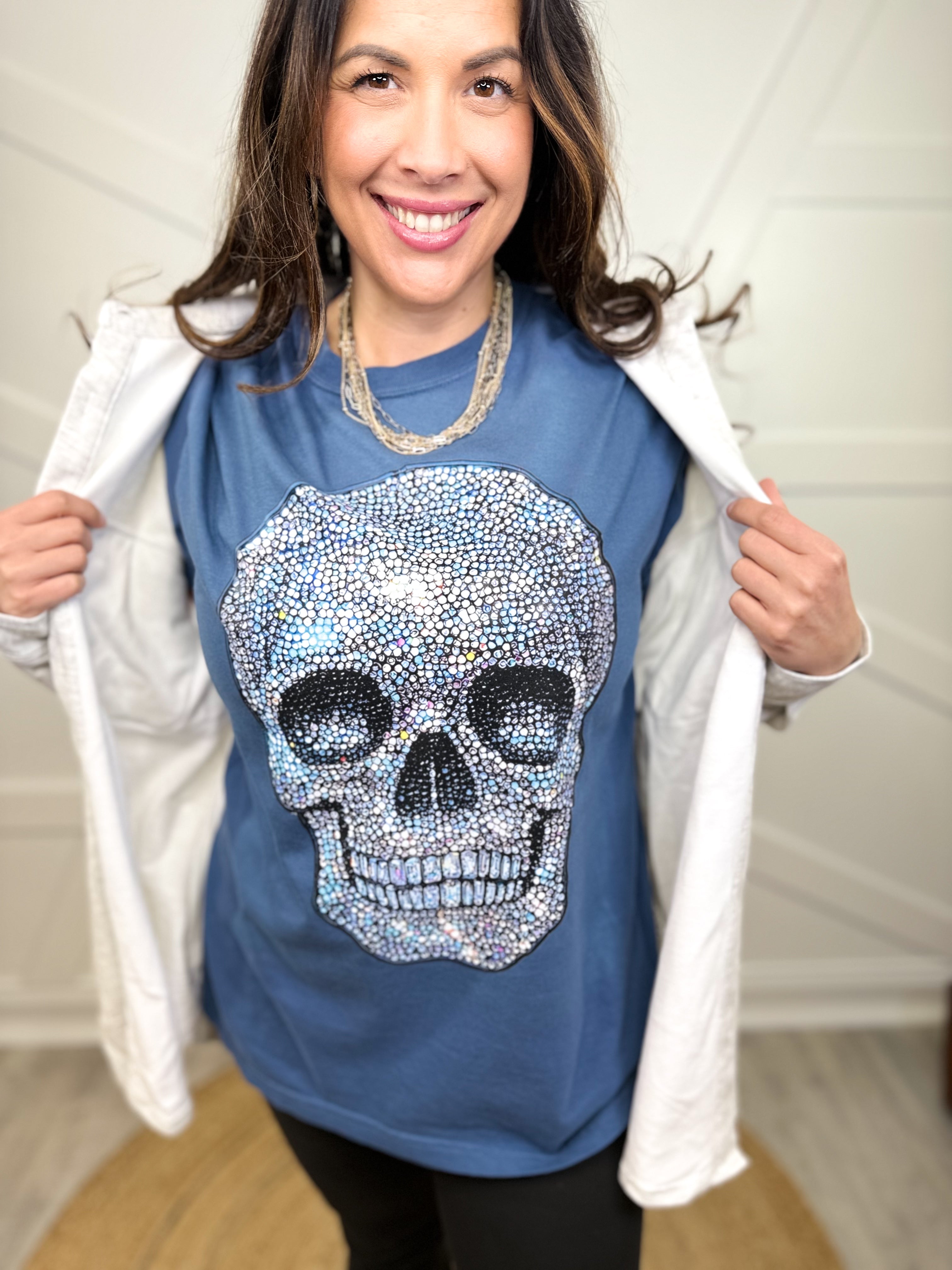 Rhinestone Skull Graphic Tee-130 Graphic Tees-Heathered Boho-Heathered Boho Boutique, Women's Fashion and Accessories in Palmetto, FL