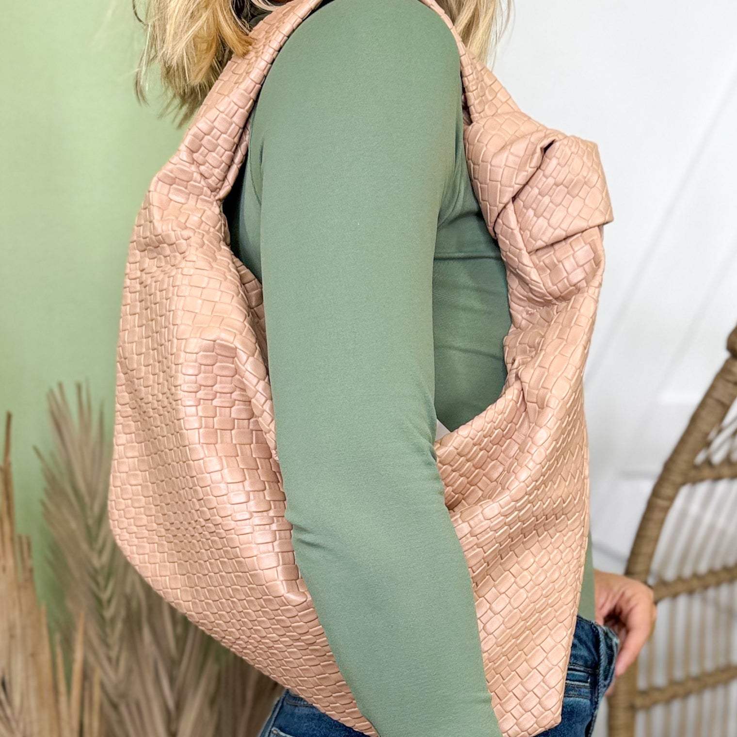 Braided Pattern Knotted Handle Hand Bag-320 Bags-Fame Accessories-Heathered Boho Boutique, Women's Fashion and Accessories in Palmetto, FL