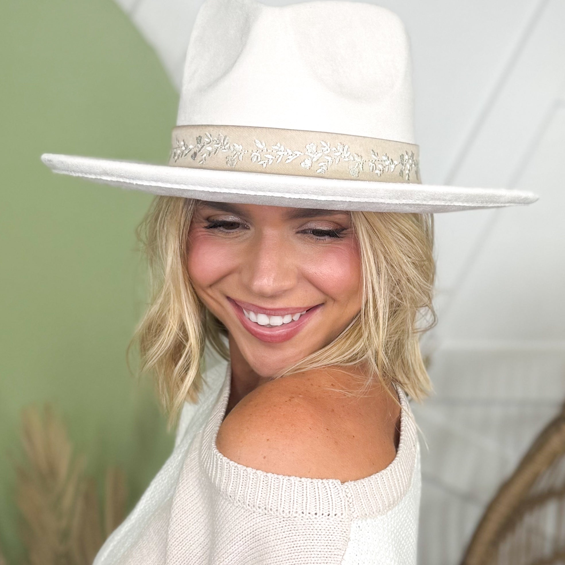 Embroidered Flower Strap Fedora Hat-330 Headwear-Fame Accessories-Heathered Boho Boutique, Women's Fashion and Accessories in Palmetto, FL