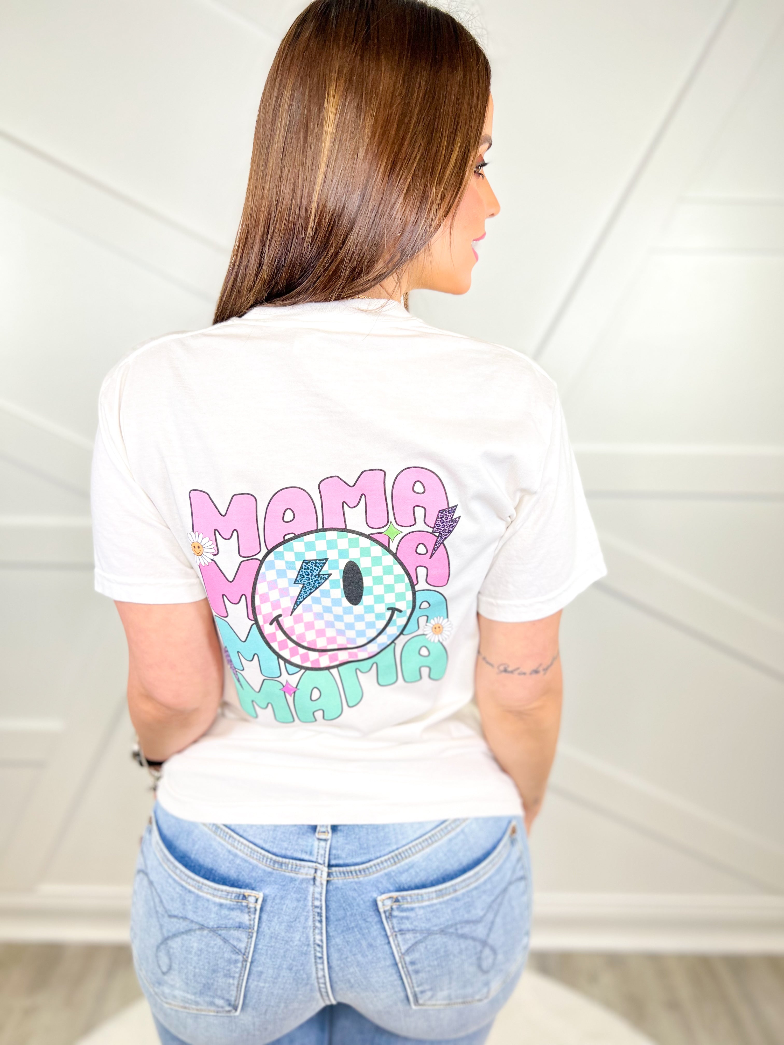 Mama Smiley Bolt Graphic Tee-130 Graphic Tees-Heathered Boho-Heathered Boho Boutique, Women's Fashion and Accessories in Palmetto, FL