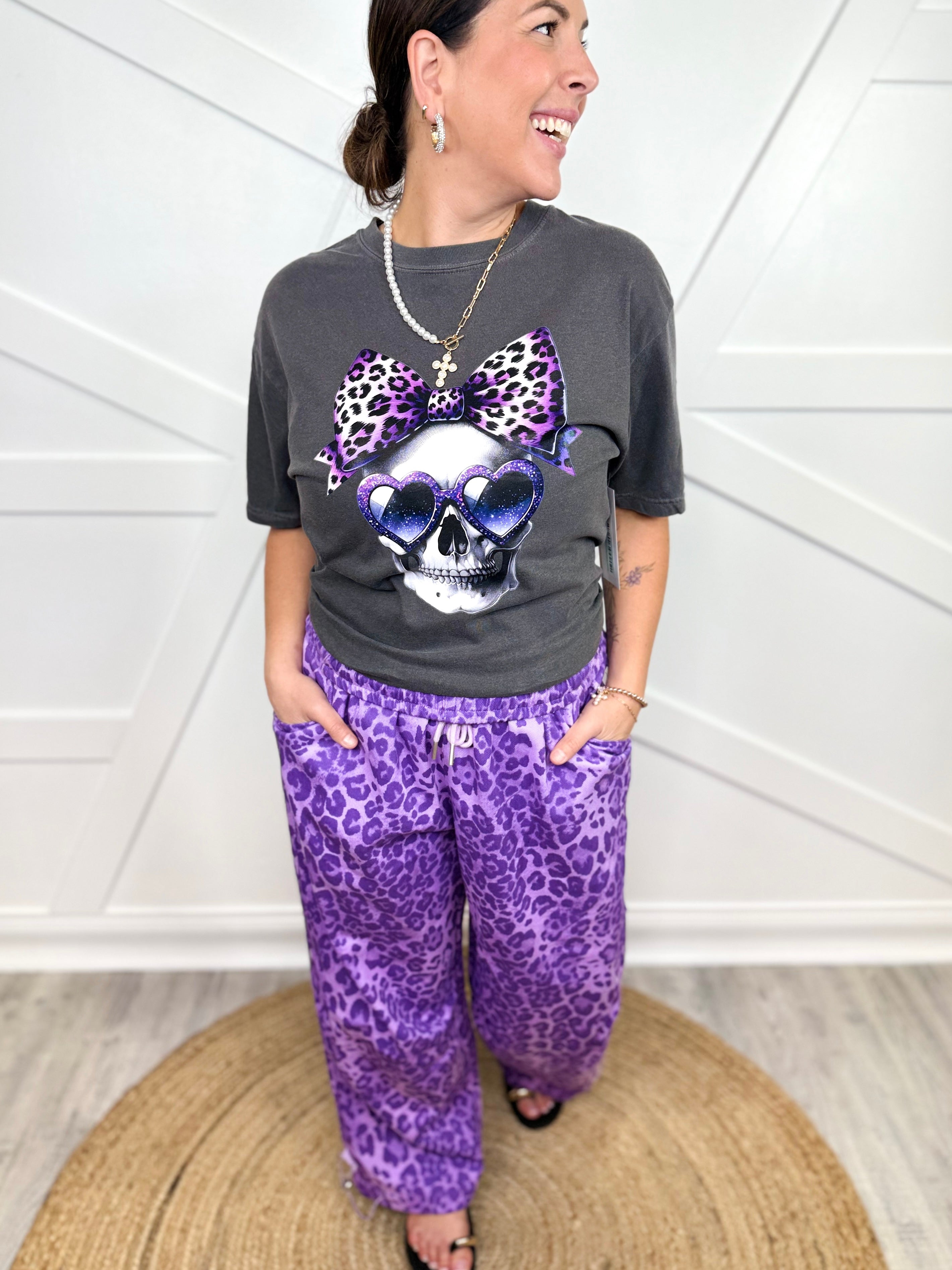 Purple Leopard Skull Graphic Tee-130 Graphic Tees-Heathered Boho-Heathered Boho Boutique, Women's Fashion and Accessories in Palmetto, FL