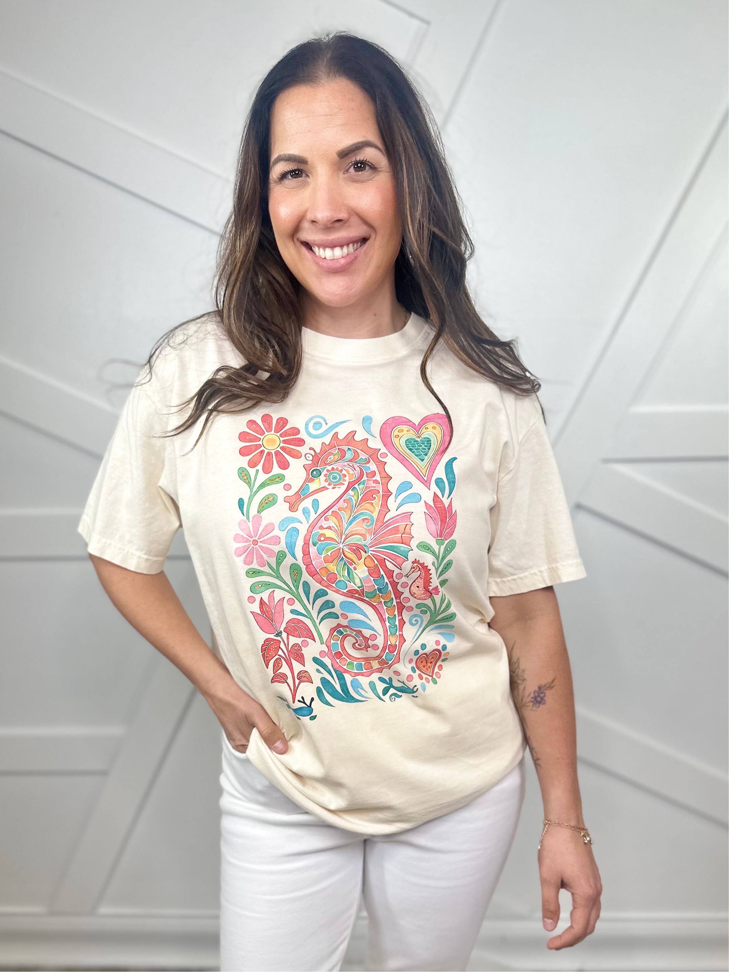 Seahorse Graphic Tee - Ivory-130 Graphic Tees-Heathered Boho-Heathered Boho Boutique, Women's Fashion and Accessories in Palmetto, FL