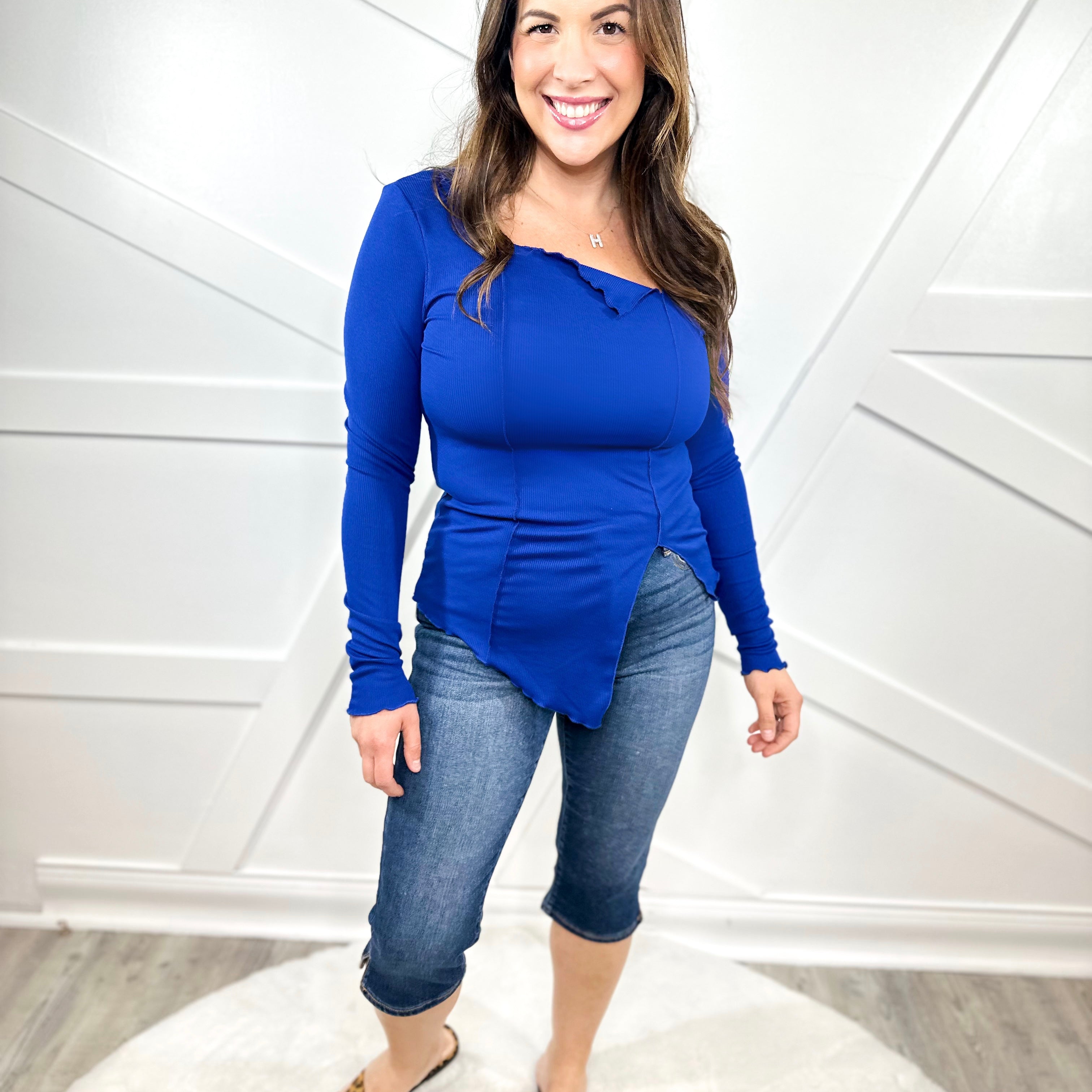 Free Spirit Asymmetrical Top- Royal-120 LONG SLEEVE TOPS-7TH RAY-Heathered Boho Boutique, Women's Fashion and Accessories in Palmetto, FL