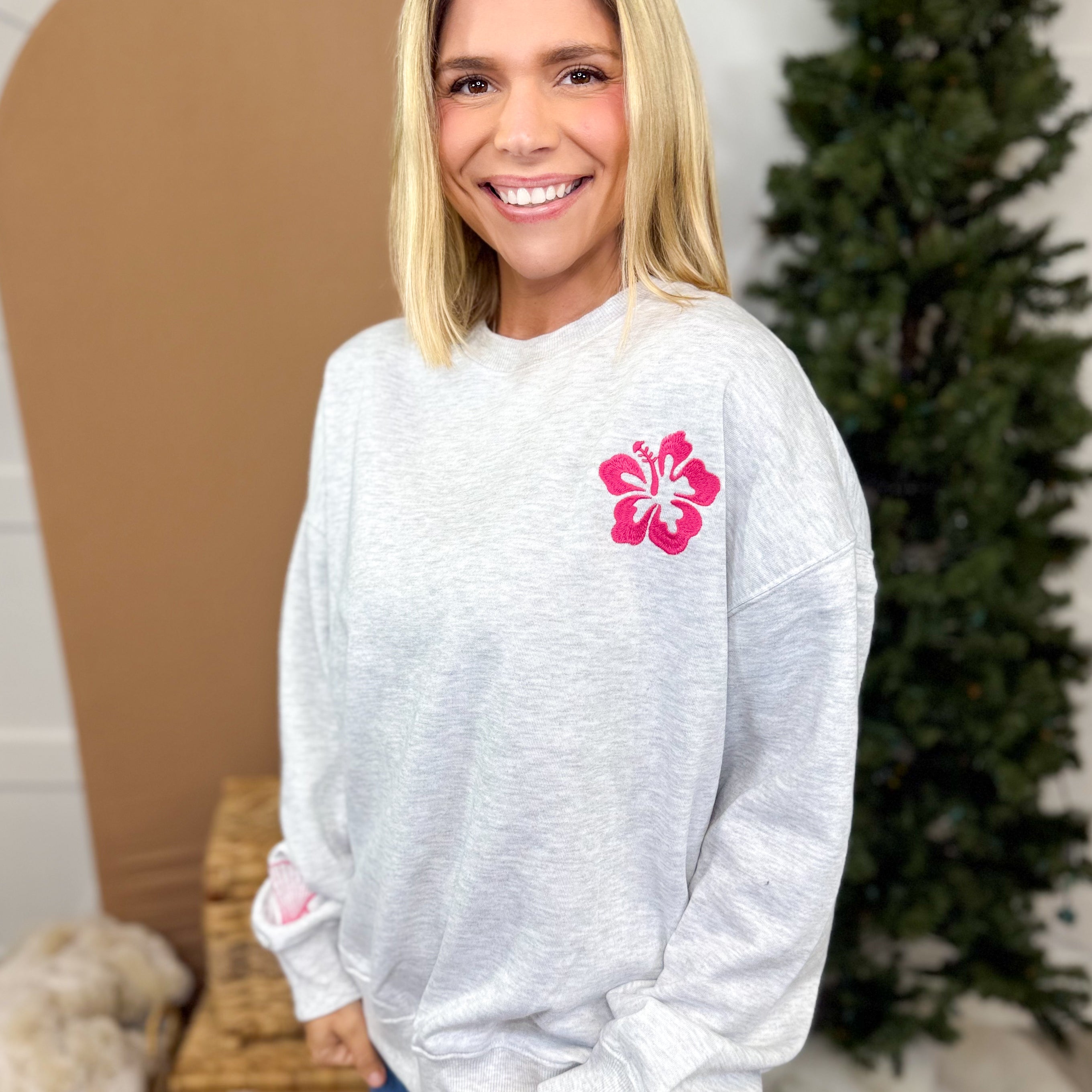Hibiscus Embroidered Sweatshirt-120 Long Sleeve Tops-Reflex-Heathered Boho Boutique, Women's Fashion and Accessories in Palmetto, FL