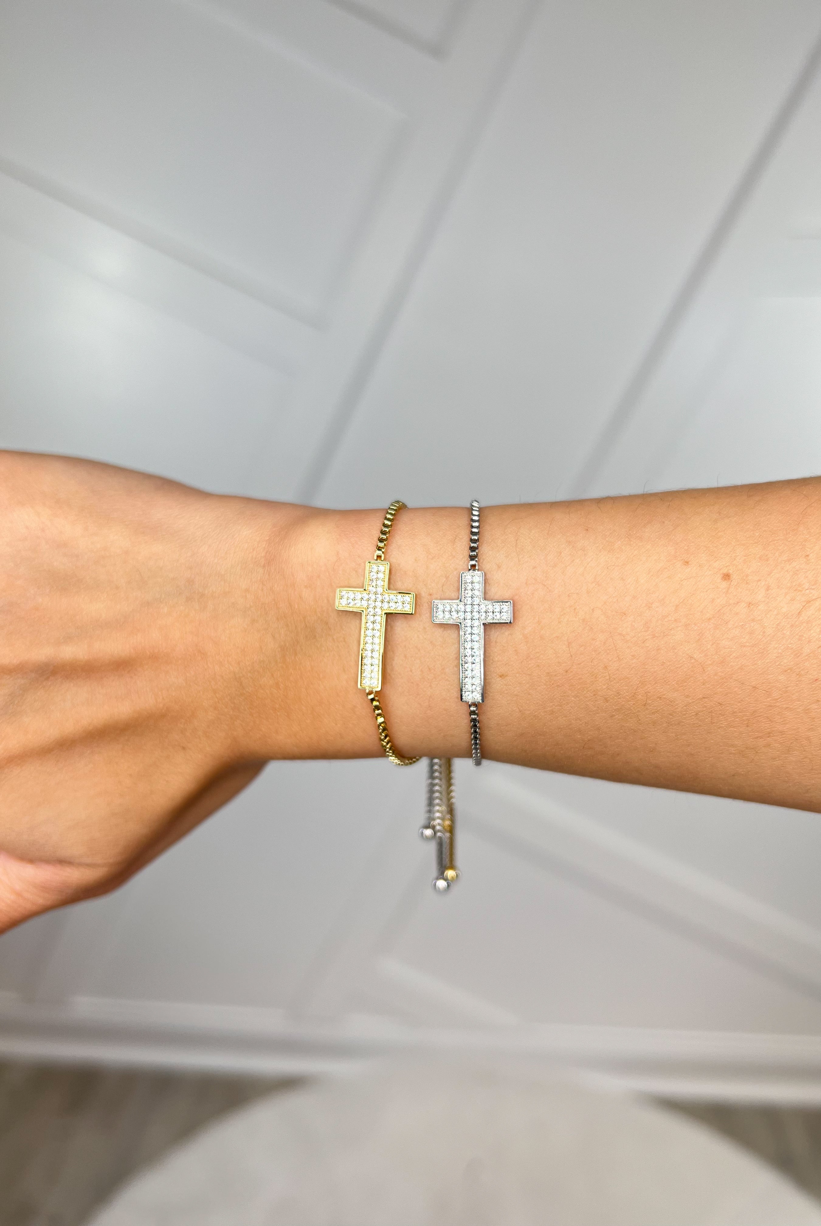 RESTOCK: CZ Thick Cross Slide Bracelet-310 Jewelry-Joseph Anthony NY, Inc-Heathered Boho Boutique, Women's Fashion and Accessories in Palmetto, FL