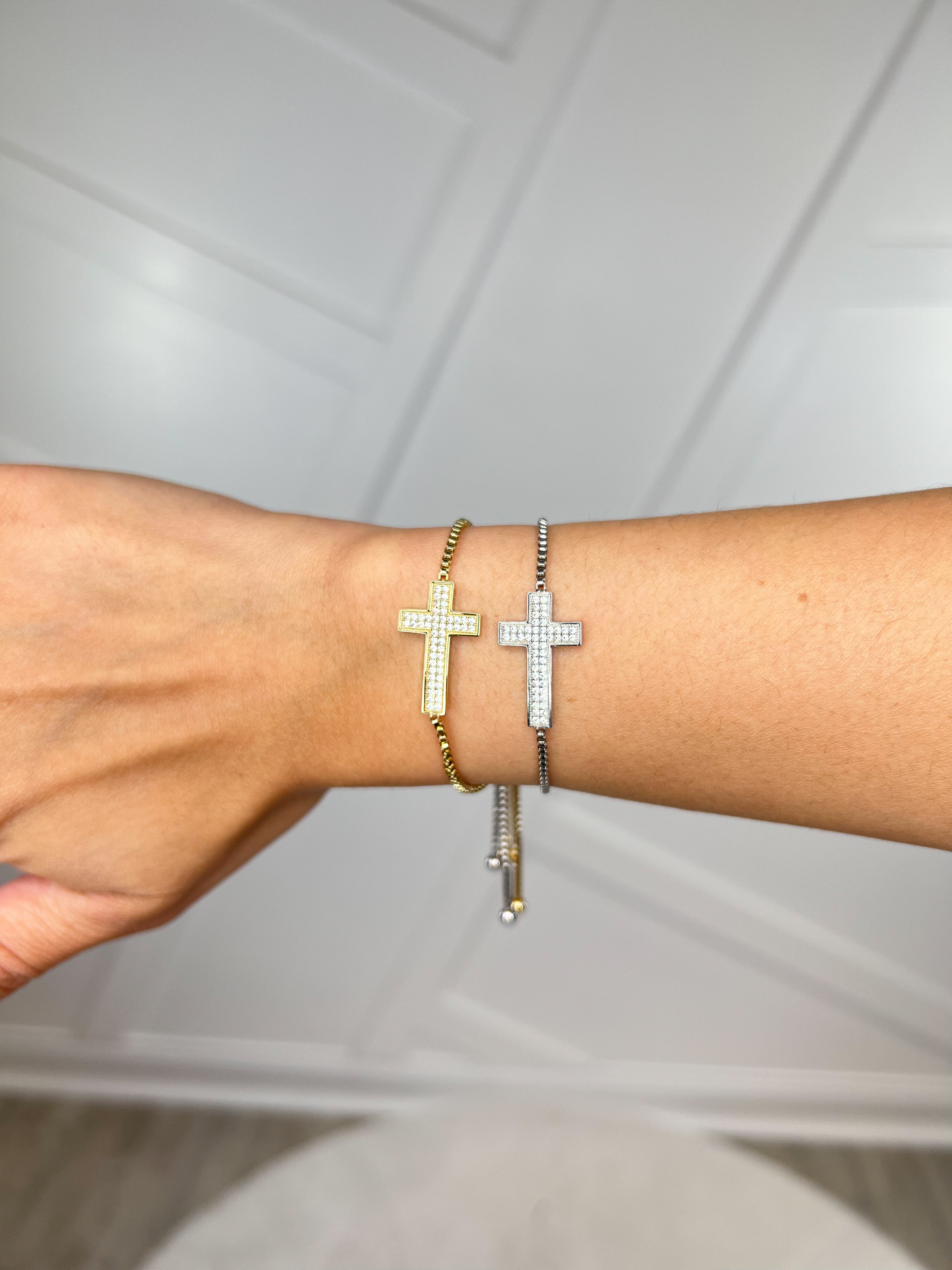 RESTOCK: CZ Thick Cross Slide Bracelet-310 Jewelry-Joseph Anthony NY, Inc-Heathered Boho Boutique, Women's Fashion and Accessories in Palmetto, FL