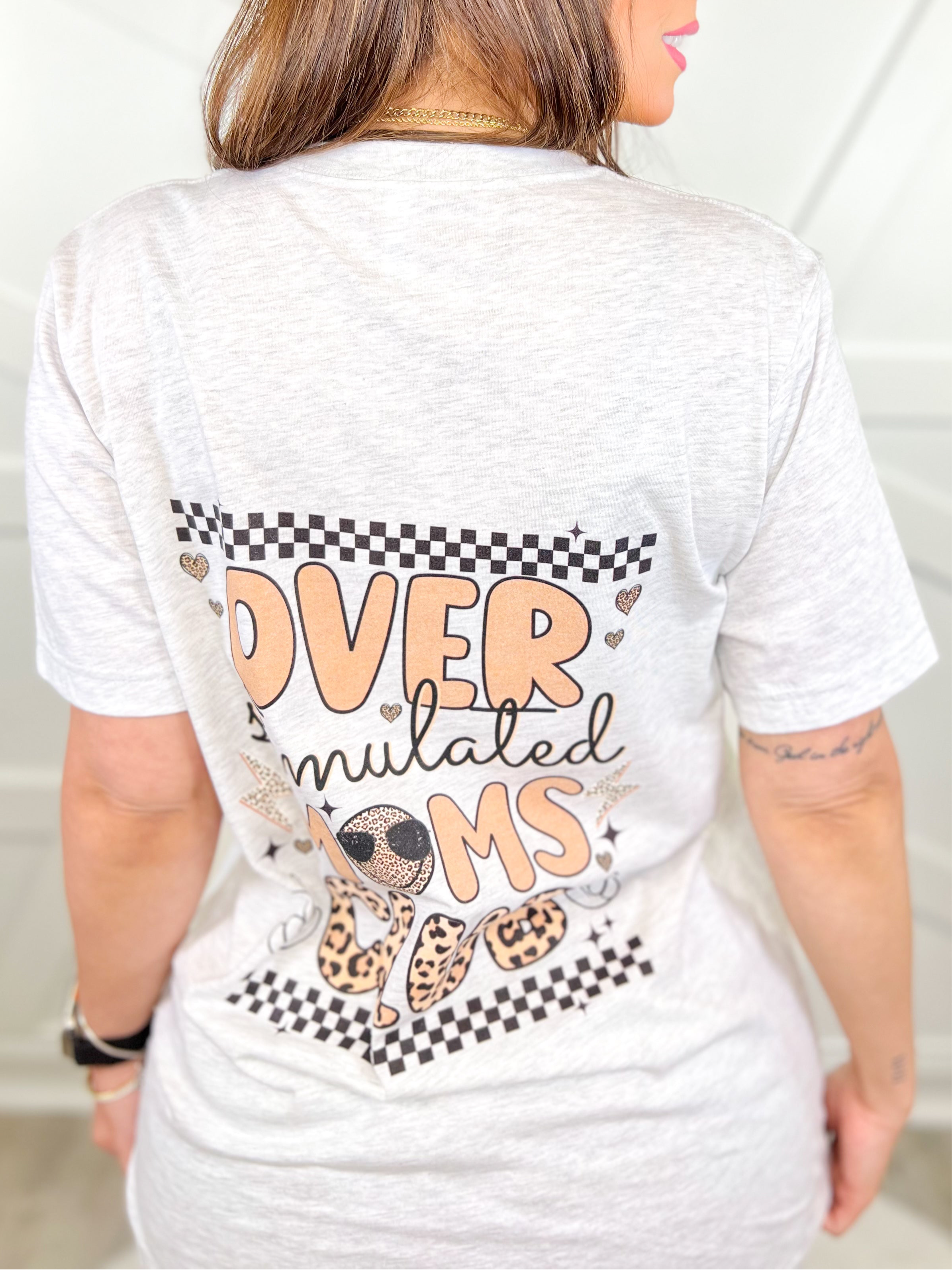 Overstimulated Mom Smiley Graphic Tee-130 Graphic Tees-Heathered Boho-Heathered Boho Boutique, Women's Fashion and Accessories in Palmetto, FL