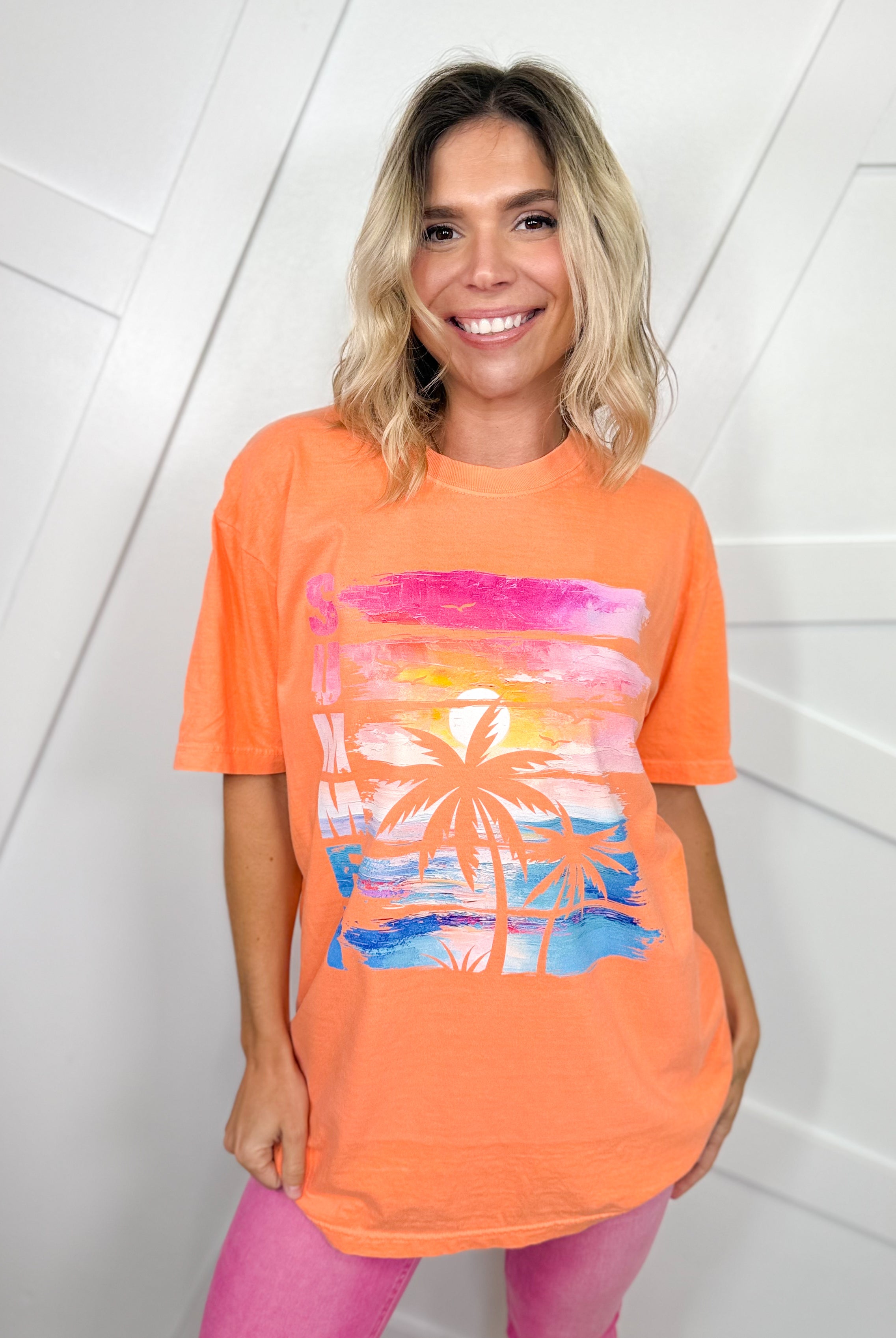 Retro Summer Sunset Palm Graphic Tee-130 Graphic Tees-Heathered Boho-Heathered Boho Boutique, Women's Fashion and Accessories in Palmetto, FL