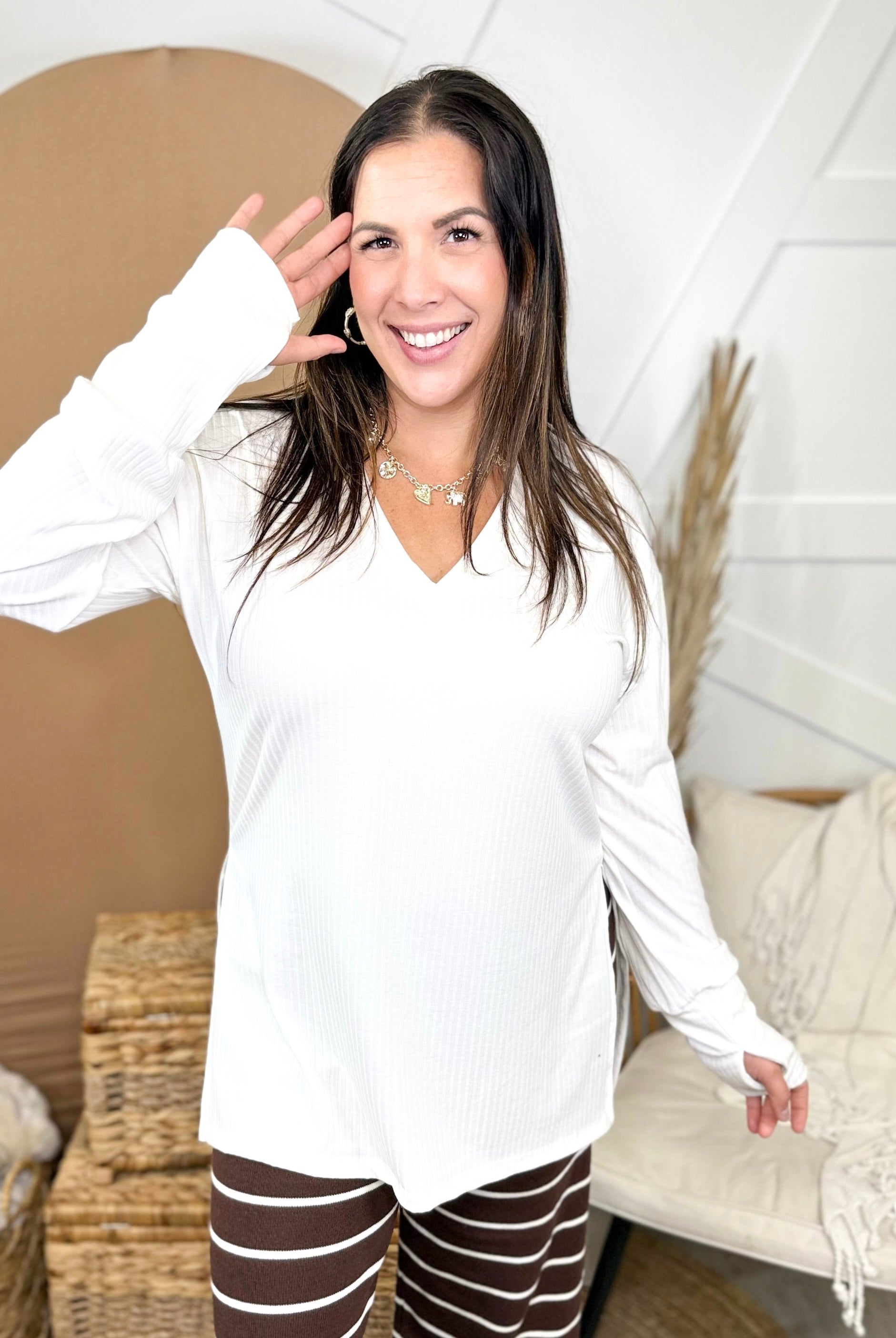 The New Bestie V-Neck Long Sleeve Top-White-120 Long Sleeve Tops-Heathered Boho-Heathered Boho Boutique, Women's Fashion and Accessories in Palmetto, FL