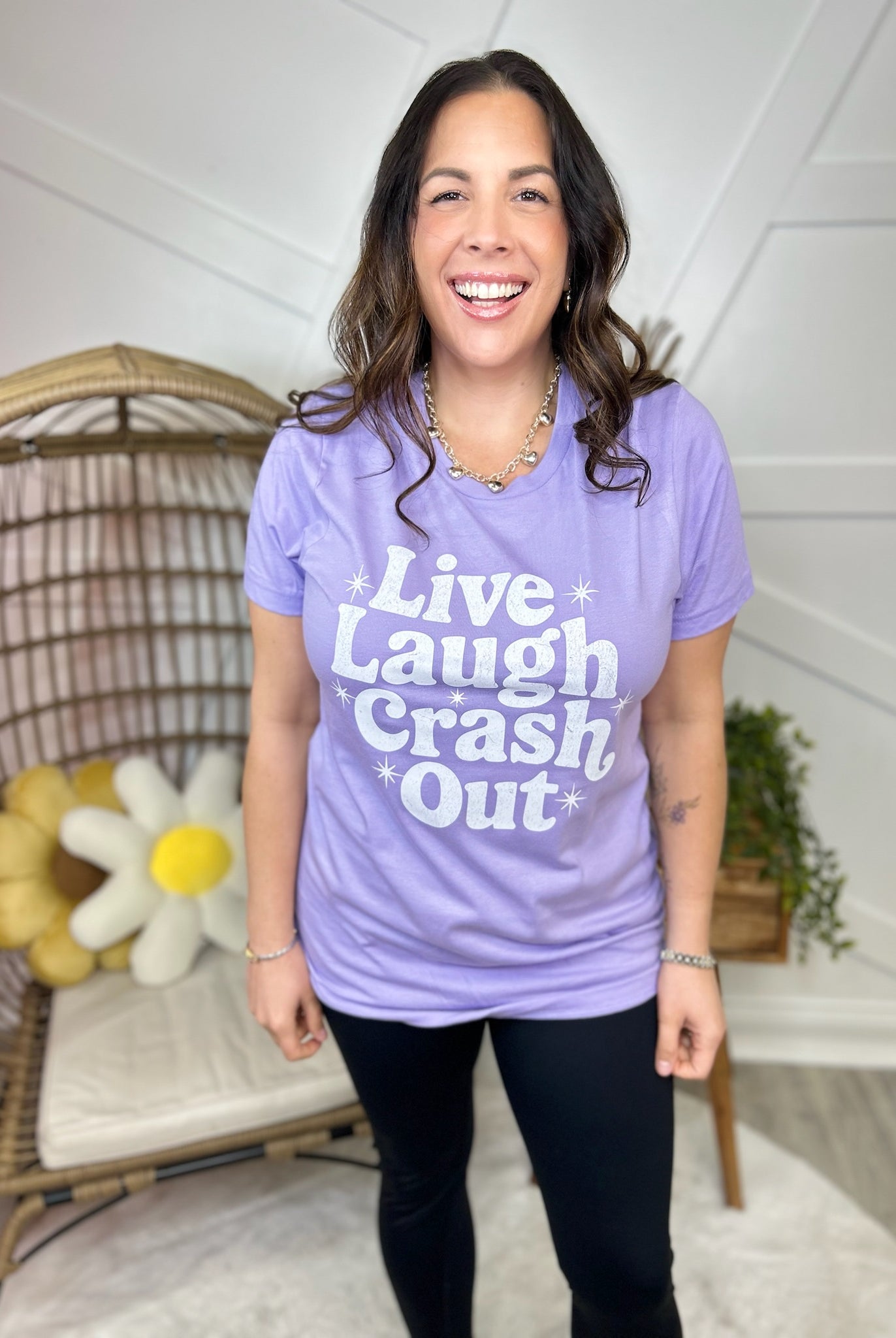 Live Laugh Crash Out Graphic Tee-130 Graphic Tees-Heathered Boho-Heathered Boho Boutique, Women's Fashion and Accessories in Palmetto, FL