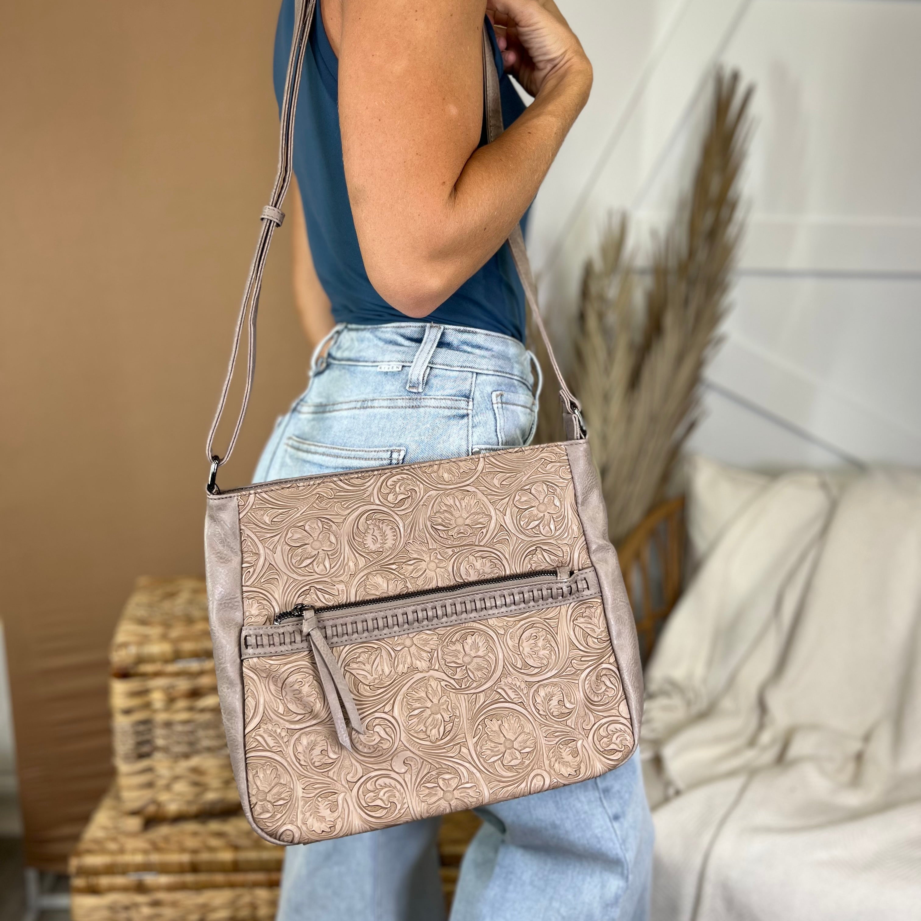 Swirled Flower Messenger Bag-320 Bags-Tops Handbags-Heathered Boho Boutique, Women's Fashion and Accessories in Palmetto, FL