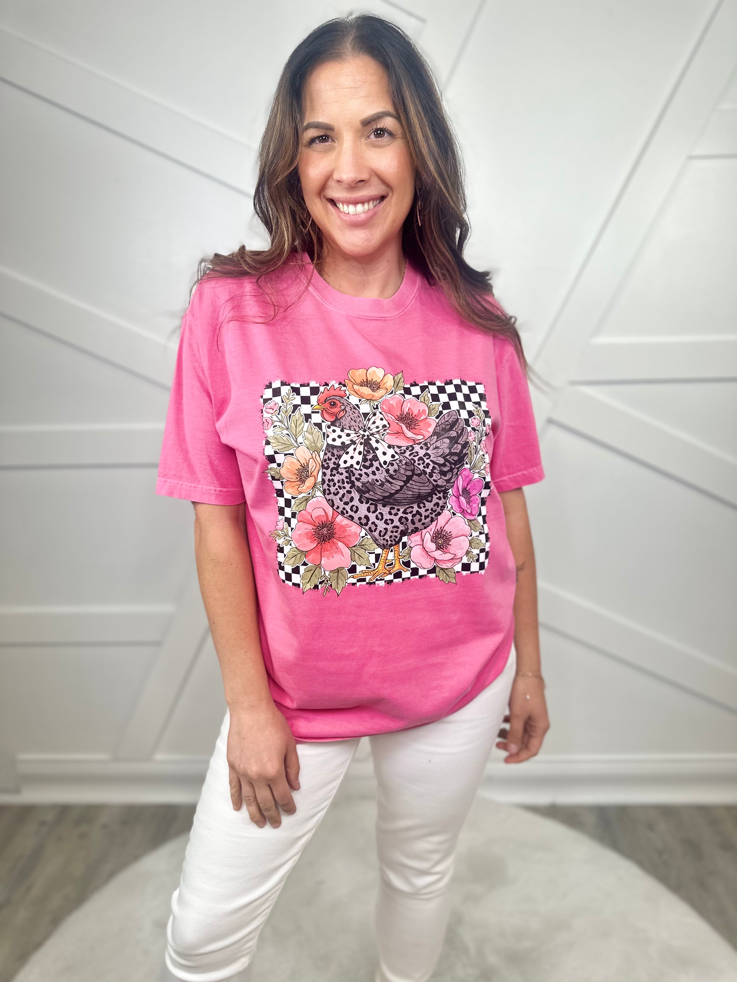 Checkered Chicken Graphic Tee-130 Graphic Tees-Heathered Boho-Heathered Boho Boutique, Women's Fashion and Accessories in Palmetto, FL