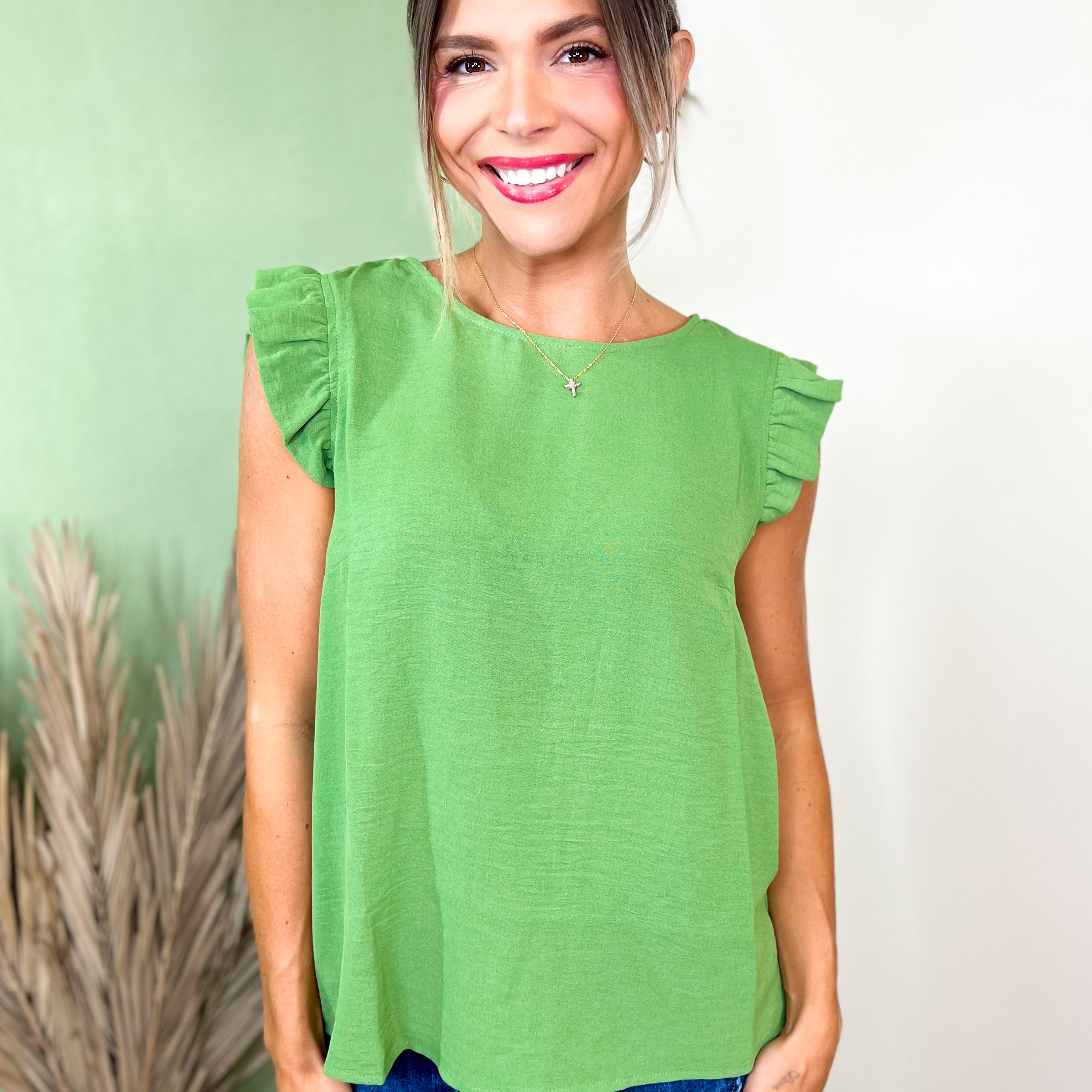 Ruffle Cap Sleeve Blouse-110 SHORT SLEEVE TOP-TIMING-Heathered Boho Boutique, Women's Fashion and Accessories in Palmetto, FL