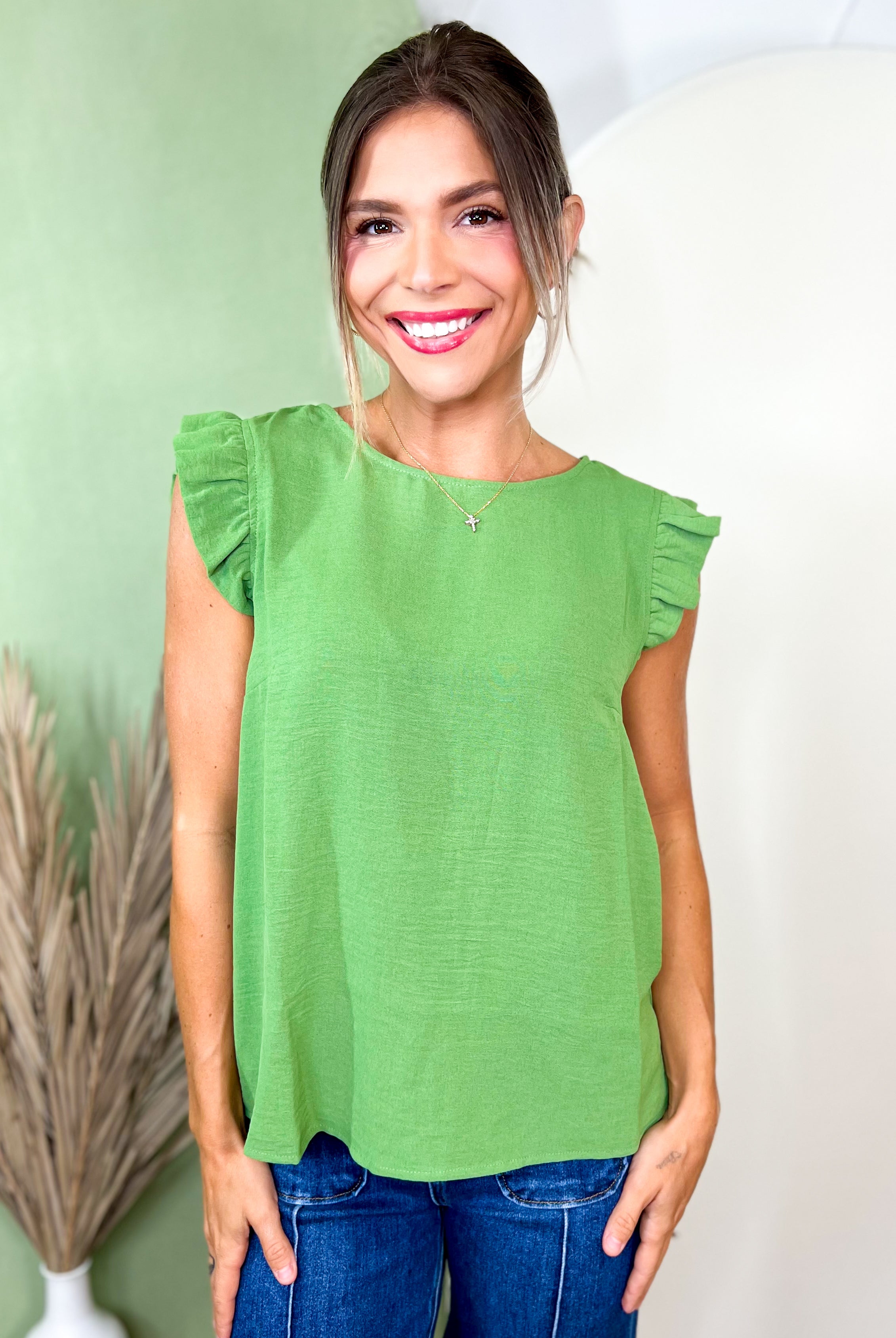 Ruffle Cap Sleeve Blouse-110 SHORT SLEEVE TOP-TIMING-Heathered Boho Boutique, Women's Fashion and Accessories in Palmetto, FL