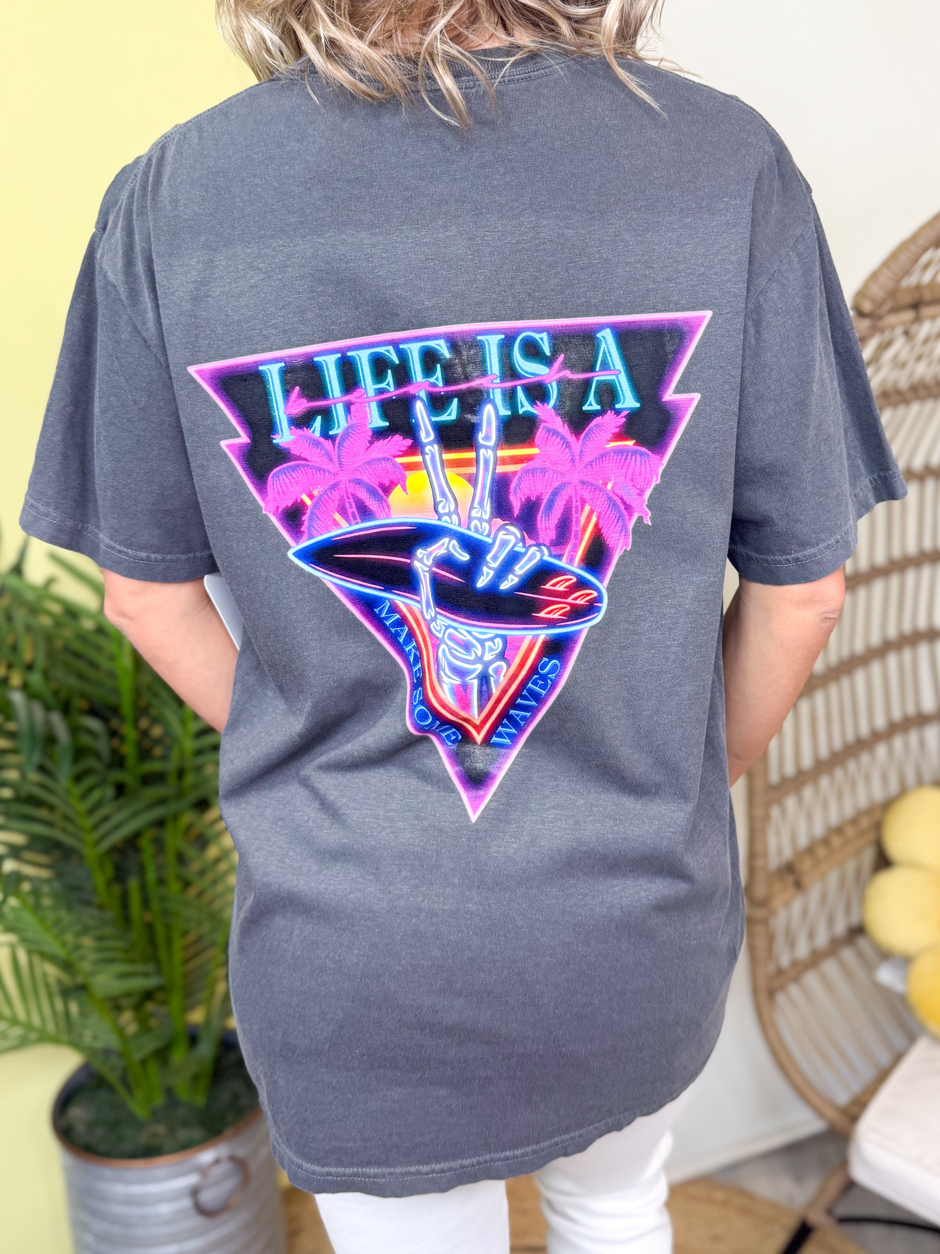 Neon Beach Life-Pocket/Back-Graphic Tee-130 Graphic Tees-Heathered Boho-Heathered Boho Boutique, Women's Fashion and Accessories in Palmetto, FL