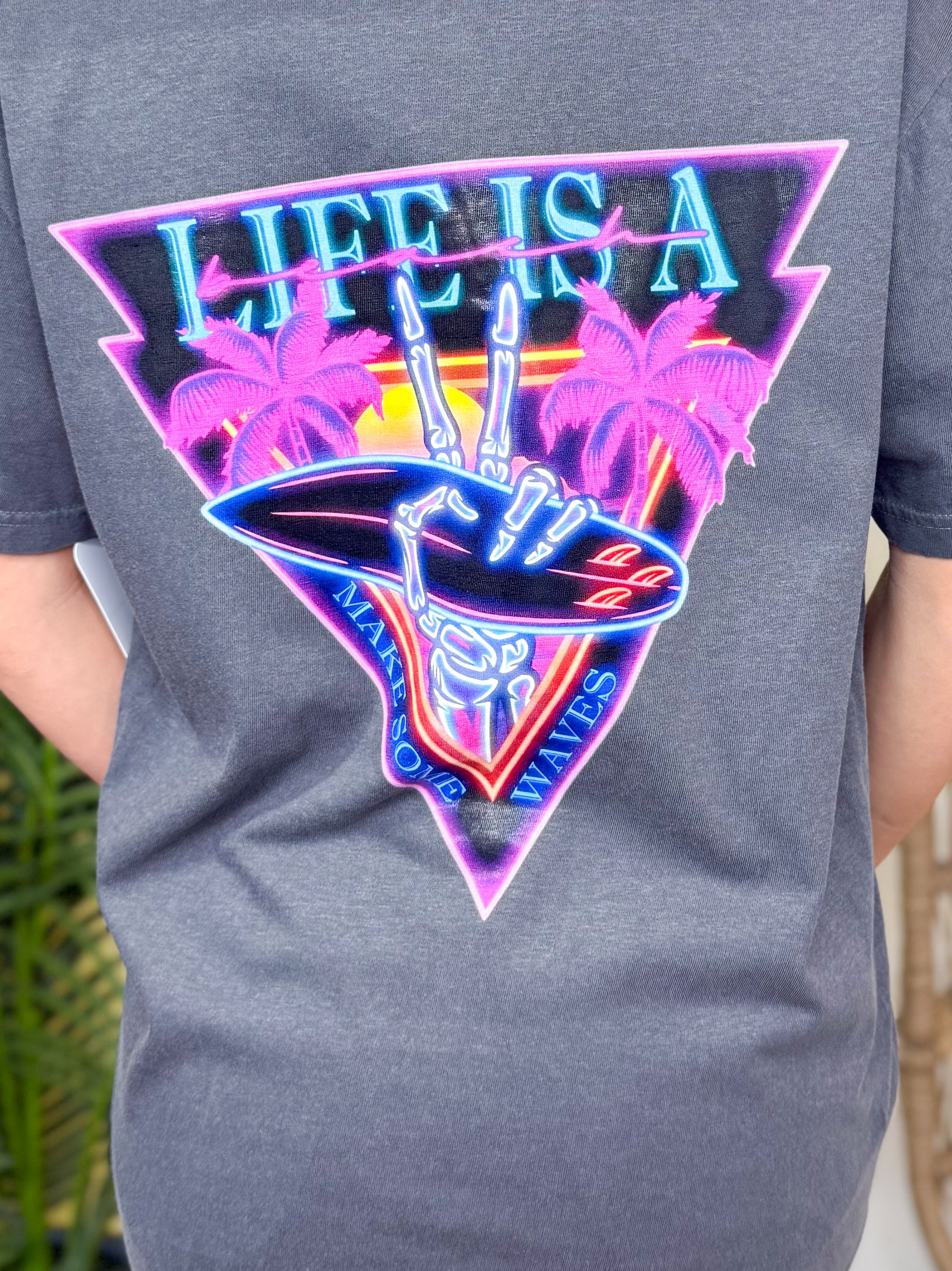 Neon Beach Life-Pocket/Back-Graphic Tee-130 Graphic Tees-Heathered Boho-Heathered Boho Boutique, Women's Fashion and Accessories in Palmetto, FL