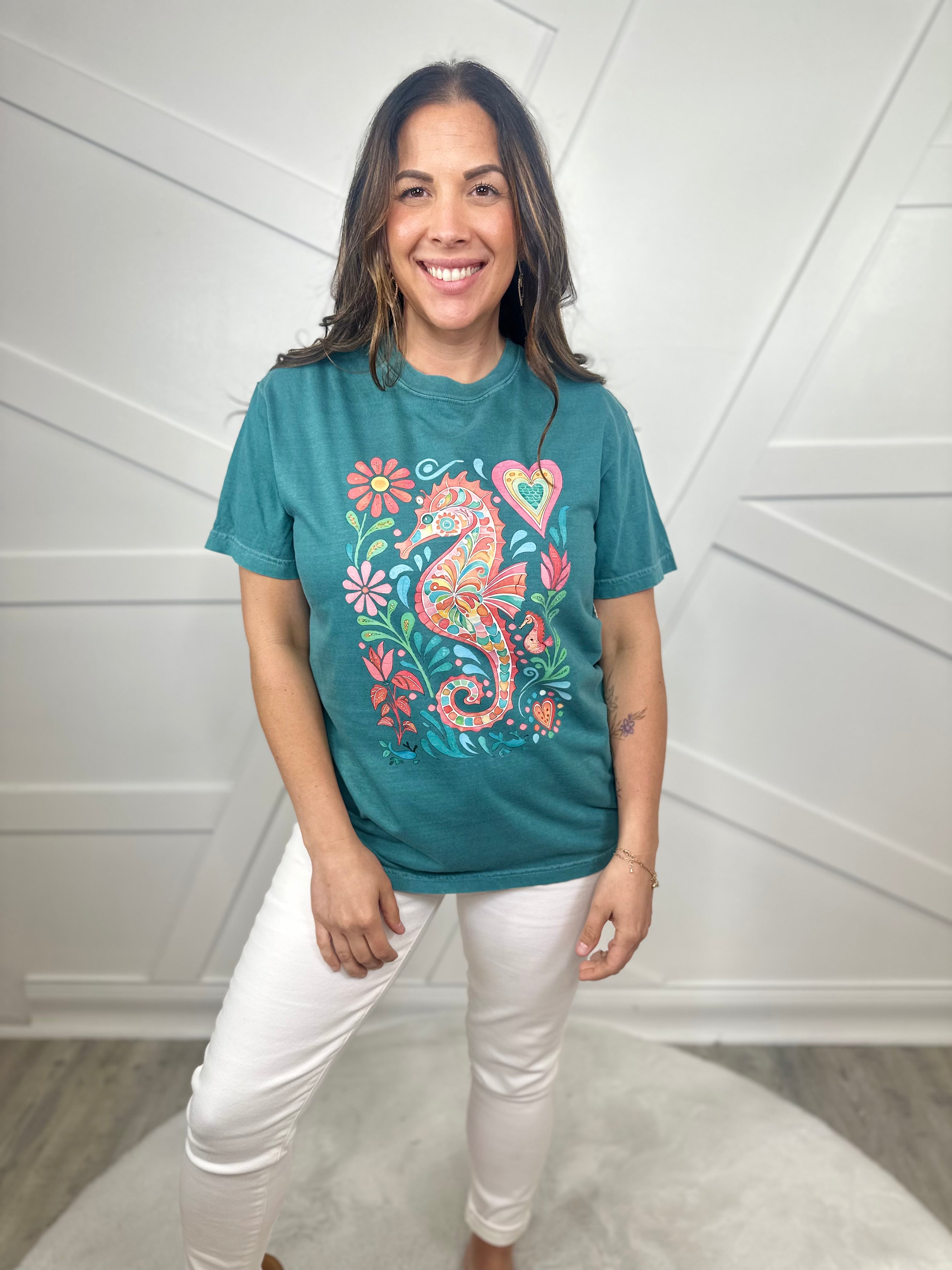 Seahorse Graphic Tee - Emerald-130 Graphic Tees-Heathered Boho-Heathered Boho Boutique, Women's Fashion and Accessories in Palmetto, FL