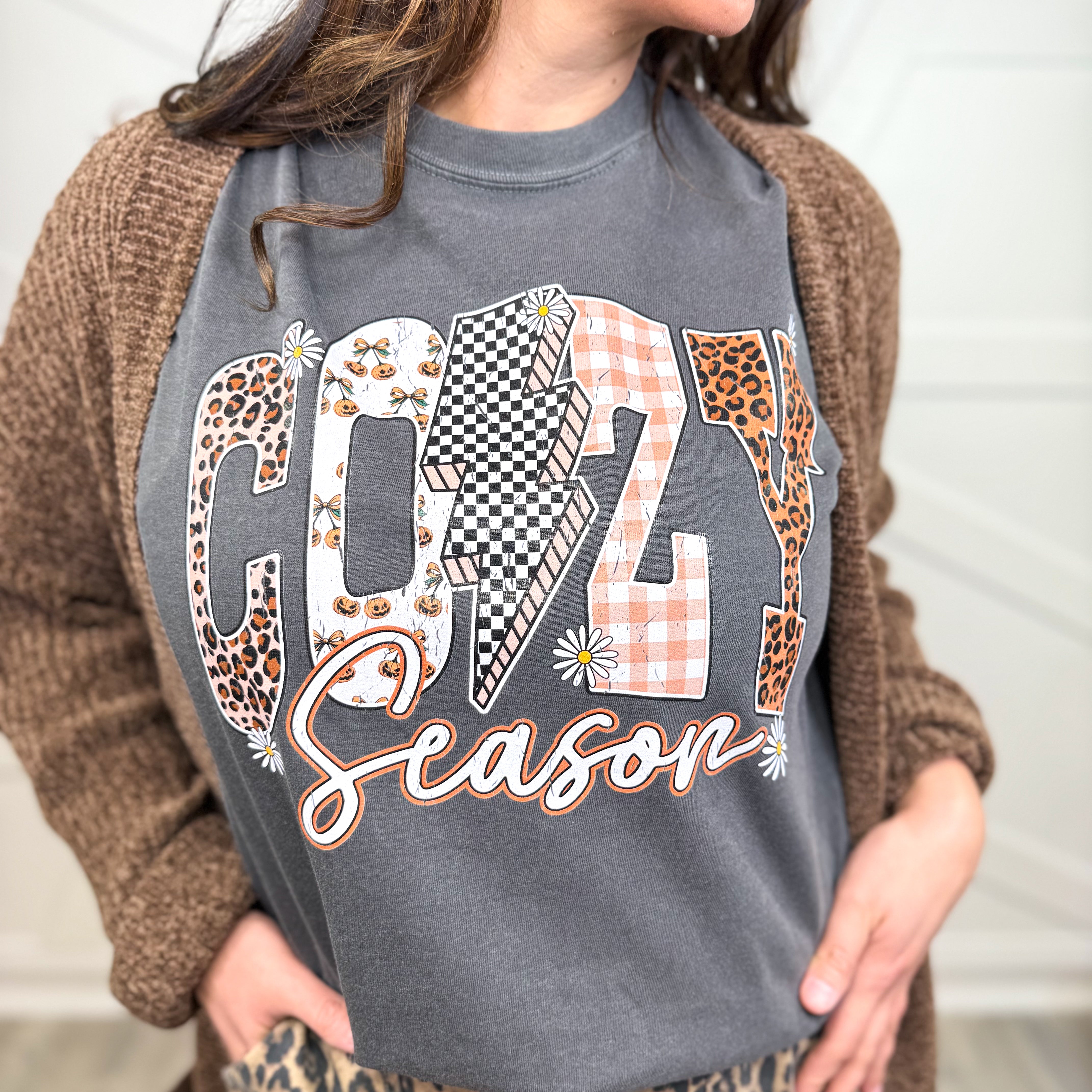 Fall Cozy Season Graphic Tee-120 Long Sleeve Tops-Heathered Boho-Heathered Boho Boutique, Women's Fashion and Accessories in Palmetto, FL