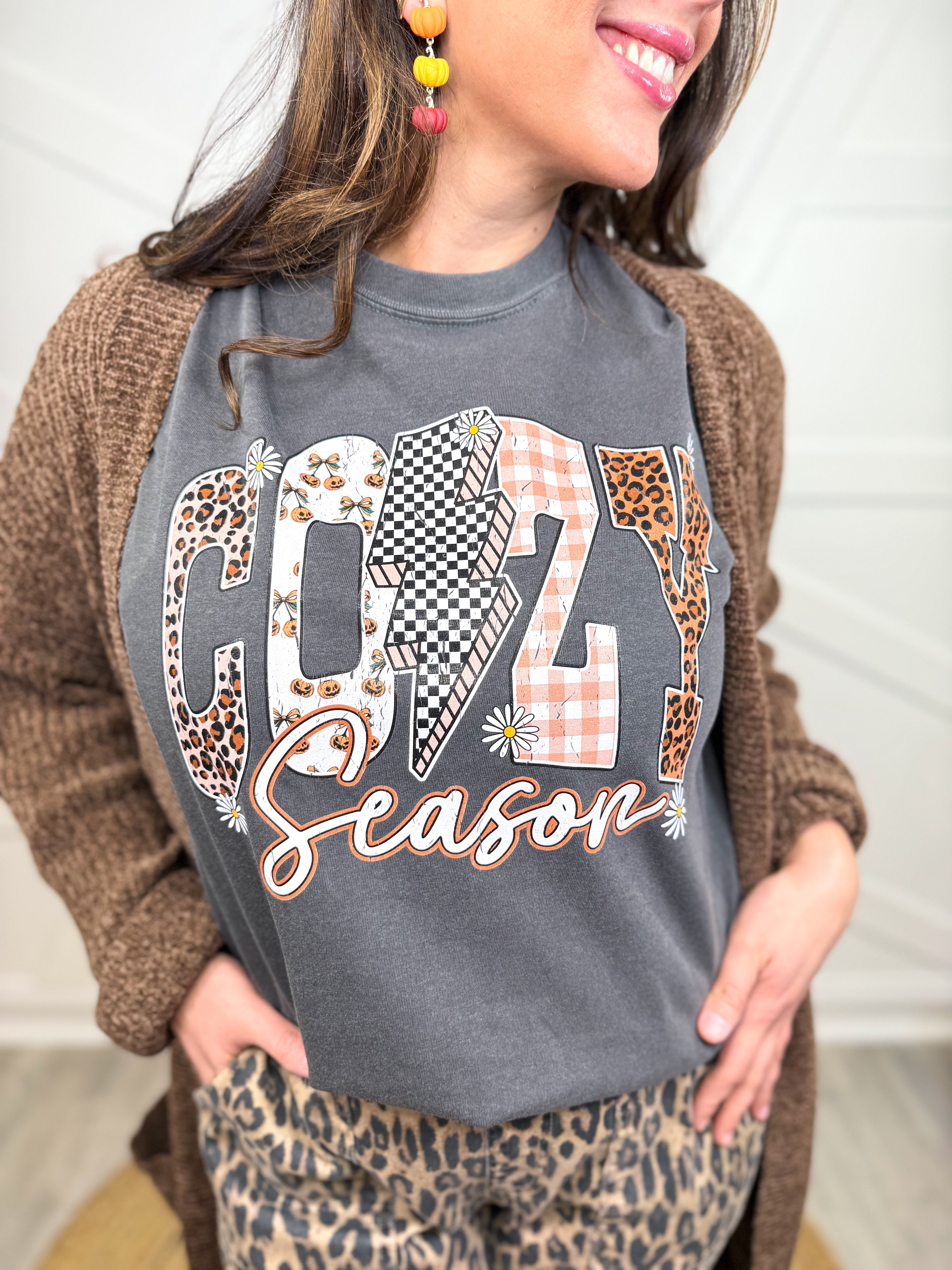 Fall Cozy Season Graphic Tee-120 Long Sleeve Tops-Heathered Boho-Heathered Boho Boutique, Women's Fashion and Accessories in Palmetto, FL