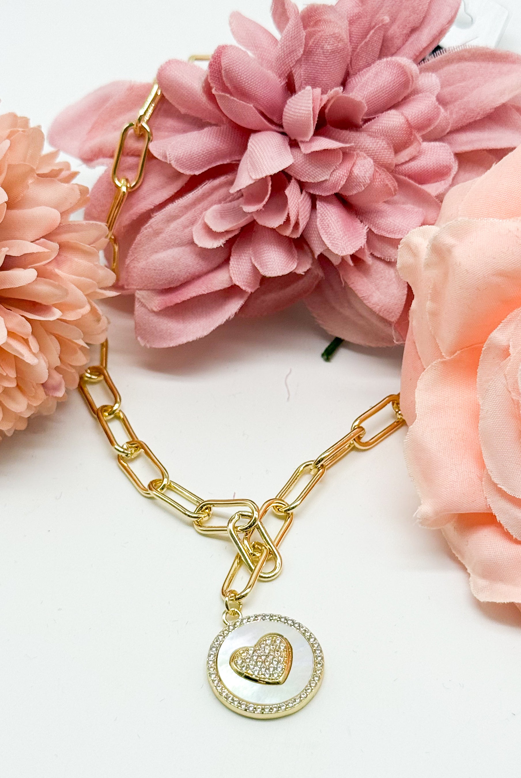 MOP CZ Heart Charm Necklace-310 Jewelry-JOSEPH ANTHONY NY, INC.-Heathered Boho Boutique, Women's Fashion and Accessories in Palmetto, FL