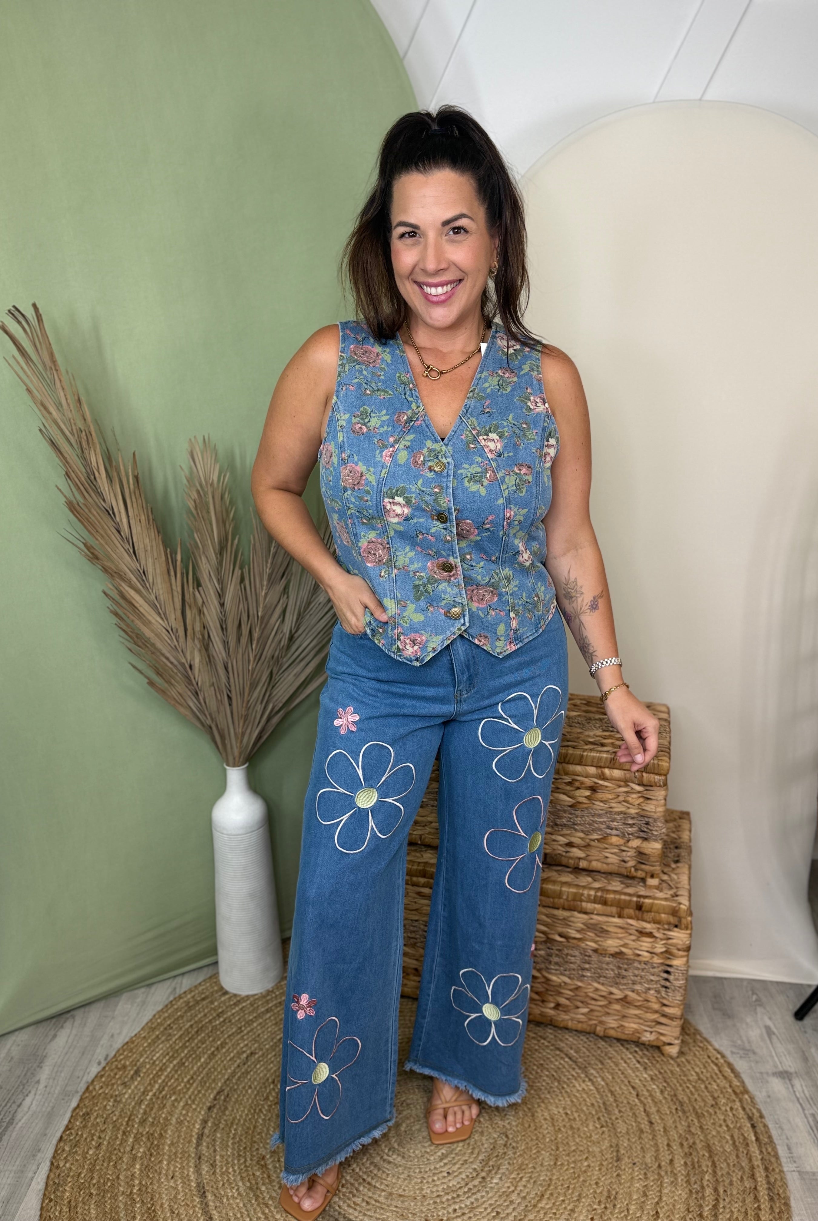 Wildflower Denim Vest-100 Tank/Crop Tops-DAVI & DANI-Heathered Boho Boutique, Women's Fashion and Accessories in Palmetto, FL