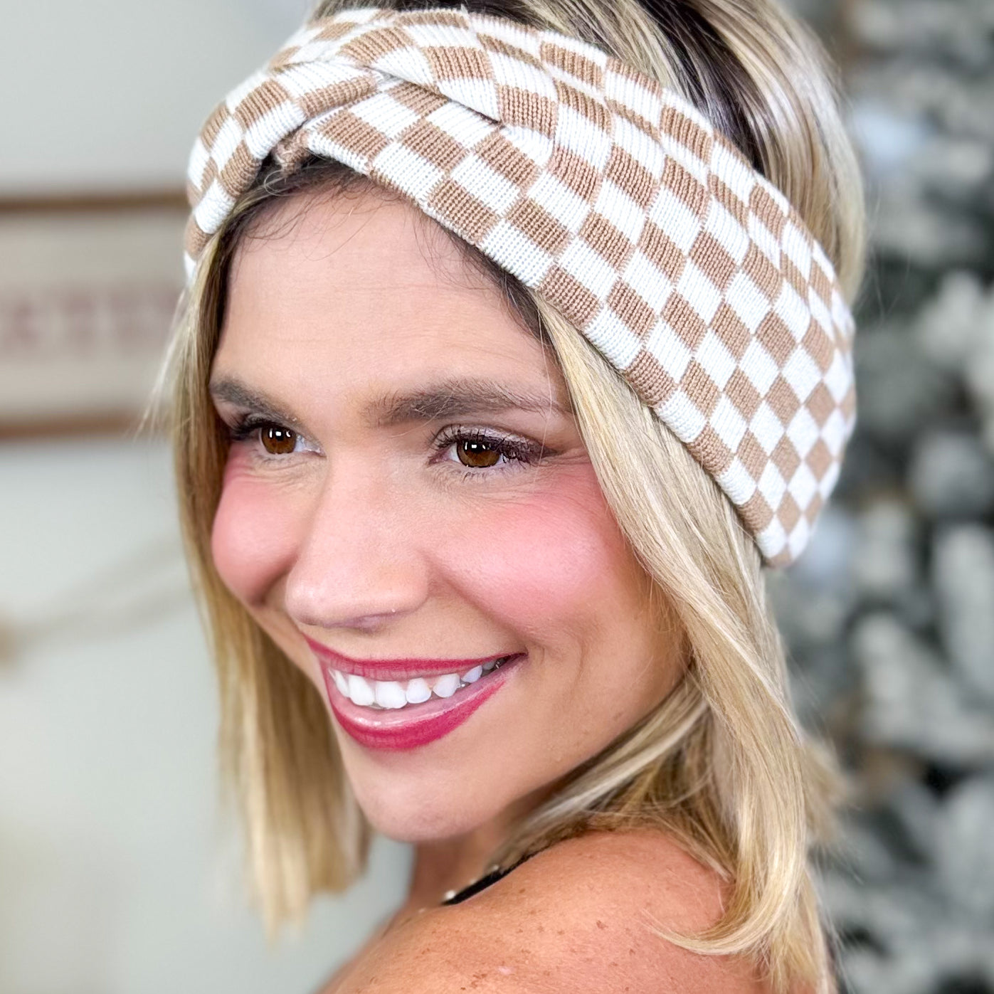 Checkerboard Knit Headwrap-330 Headwear-Clovered Accessories-Heathered Boho Boutique, Women's Fashion and Accessories in Palmetto, FL