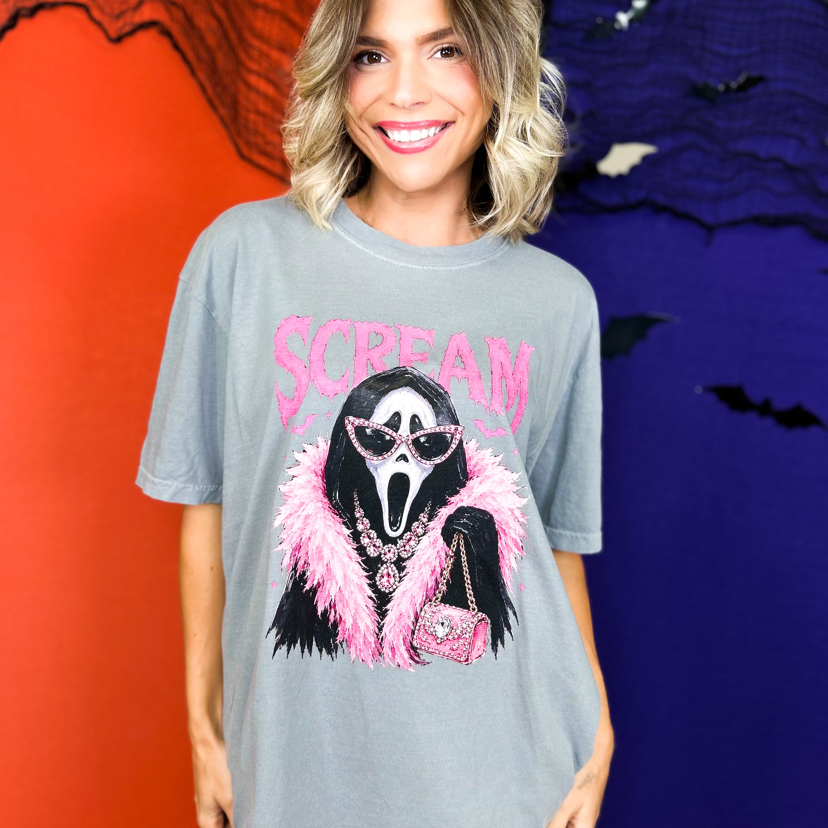 Spooky Scream Bling Graphic Tee-130 Graphic Tees-Heathered Boho-Heathered Boho Boutique, Women's Fashion and Accessories in Palmetto, FL
