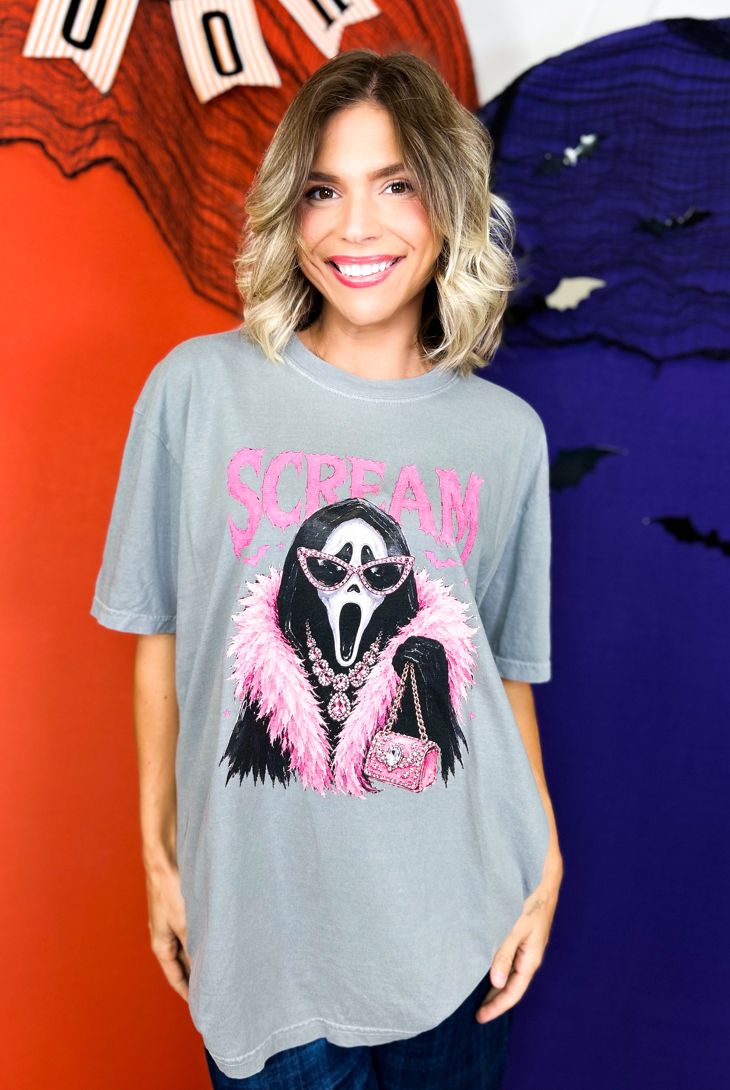 Spooky Scream Bling Graphic Tee-130 Graphic Tees-Heathered Boho-Heathered Boho Boutique, Women's Fashion and Accessories in Palmetto, FL