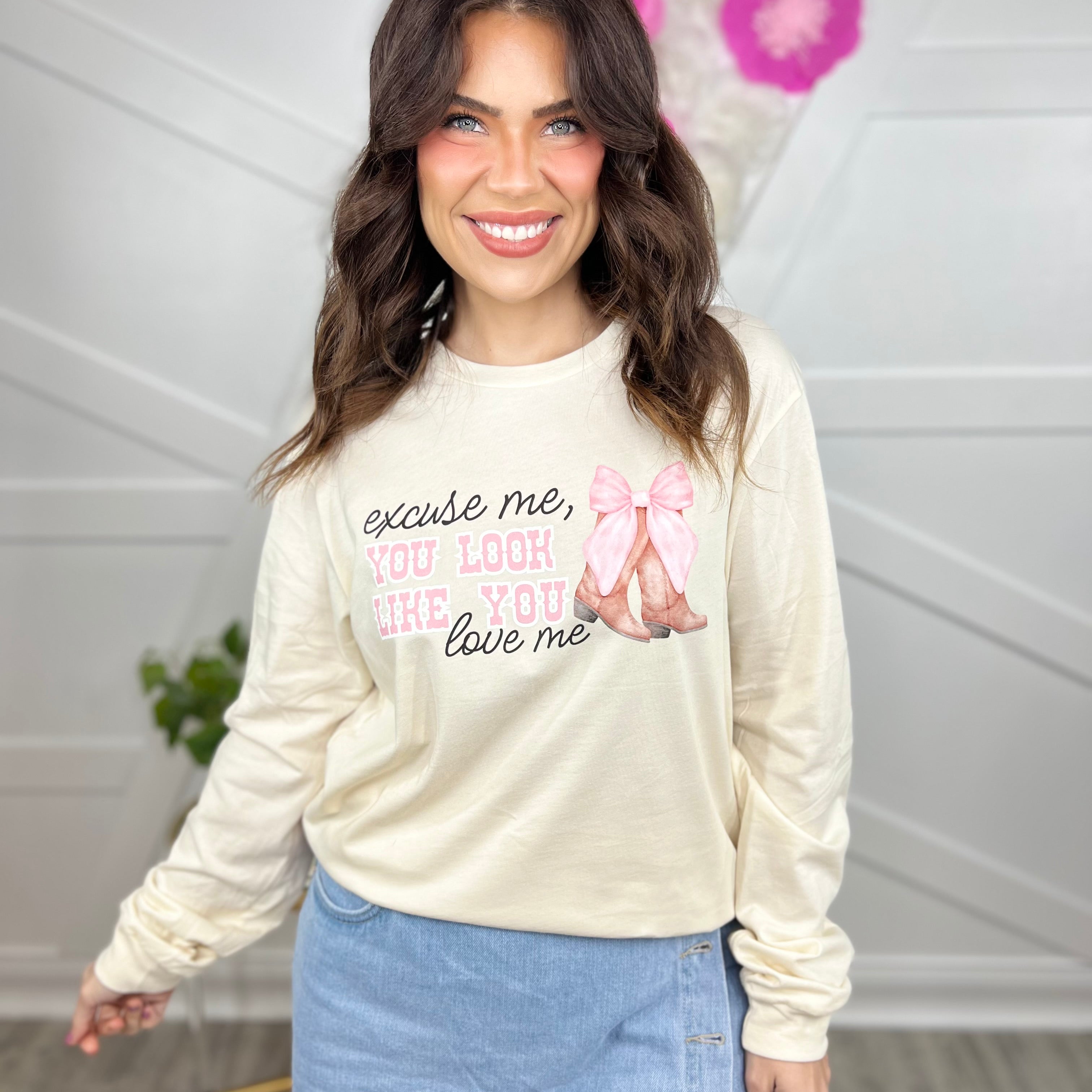 Look Like You Love Me Graphic Long Sleeve-130 Graphic Tees-Heathered Boho-Heathered Boho Boutique, Women's Fashion and Accessories in Palmetto, FL