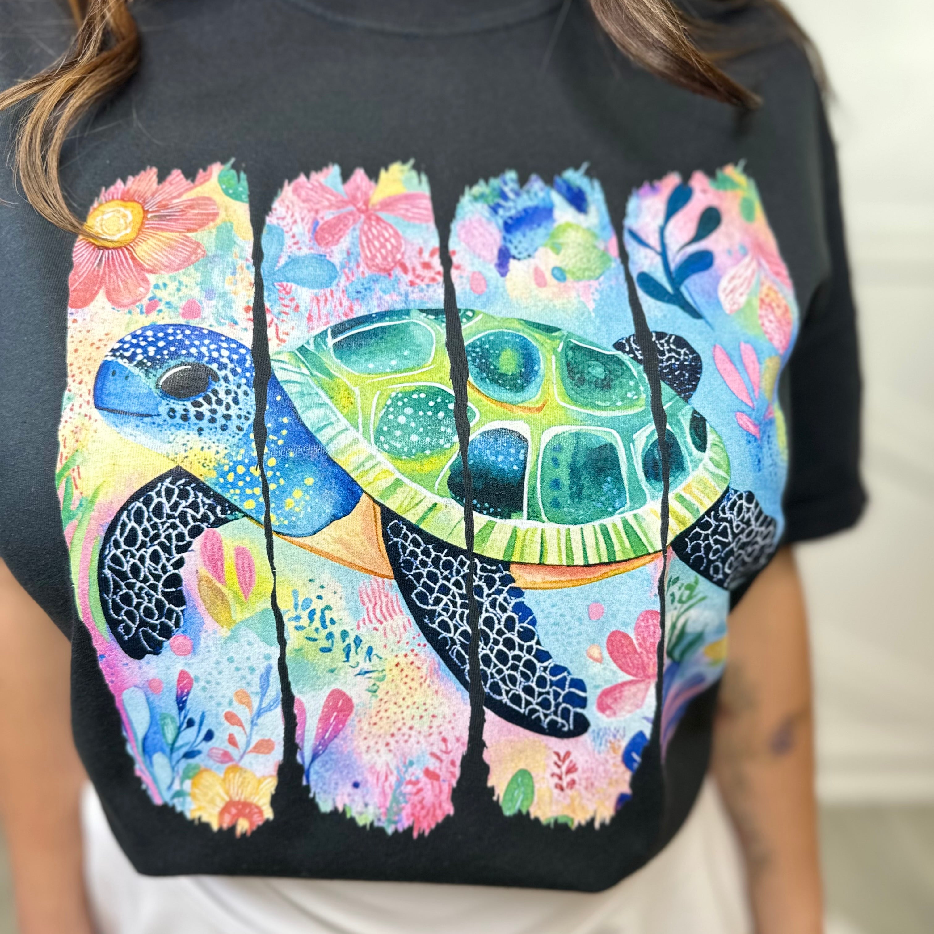 Boho Floral Sea Turtle Graphic Tee-130 Graphic Tees-Heathered Boho-Heathered Boho Boutique, Women's Fashion and Accessories in Palmetto, FL