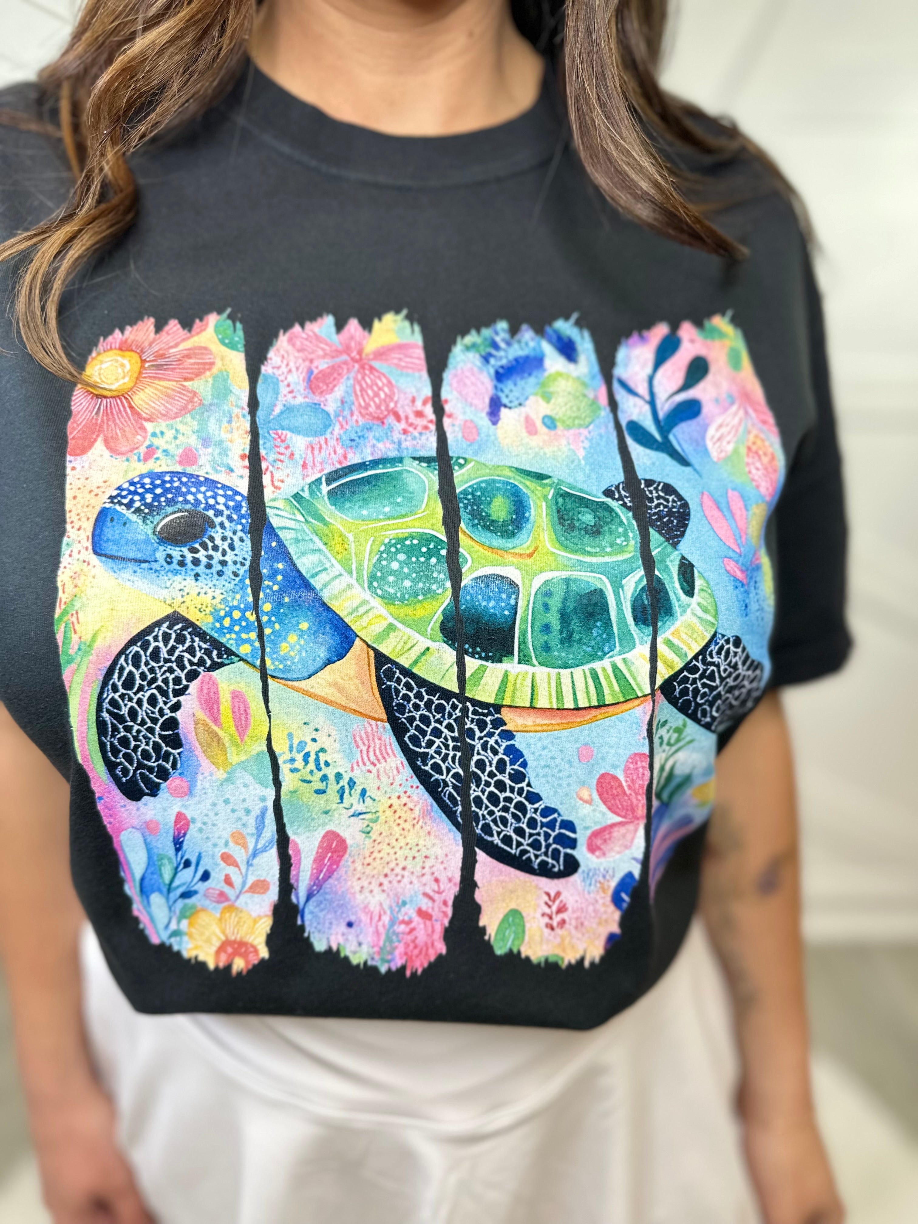 Boho Floral Sea Turtle Graphic Tee-130 Graphic Tees-Heathered Boho-Heathered Boho Boutique, Women's Fashion and Accessories in Palmetto, FL