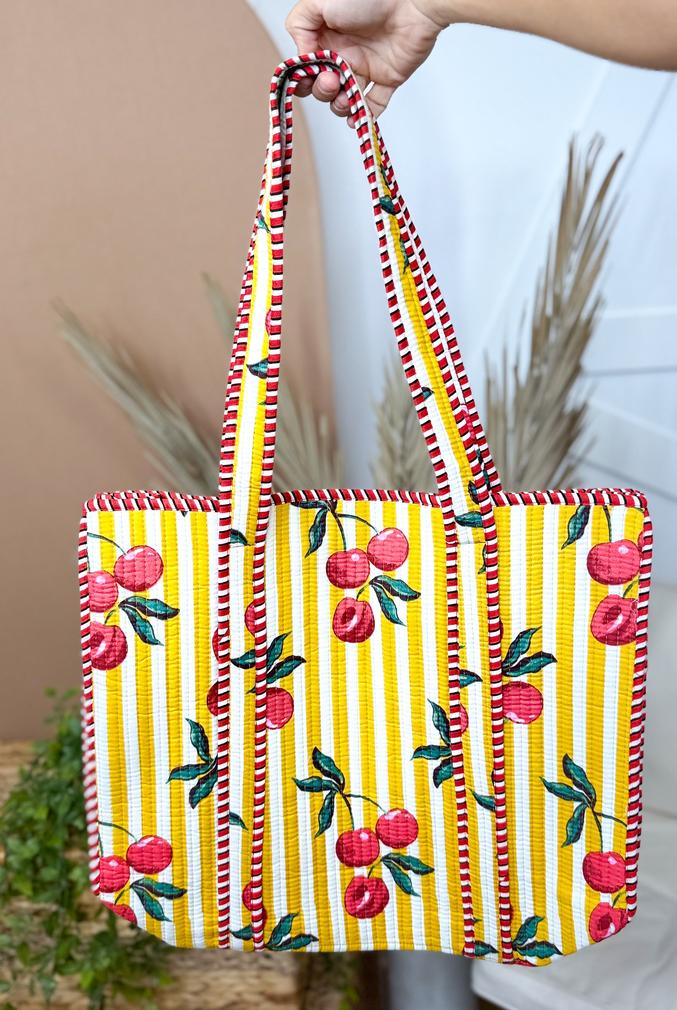 Striped and Cherry Quilted Tote Bag-320 Bags-LA SOUL-Heathered Boho Boutique, Women's Fashion and Accessories in Palmetto, FL