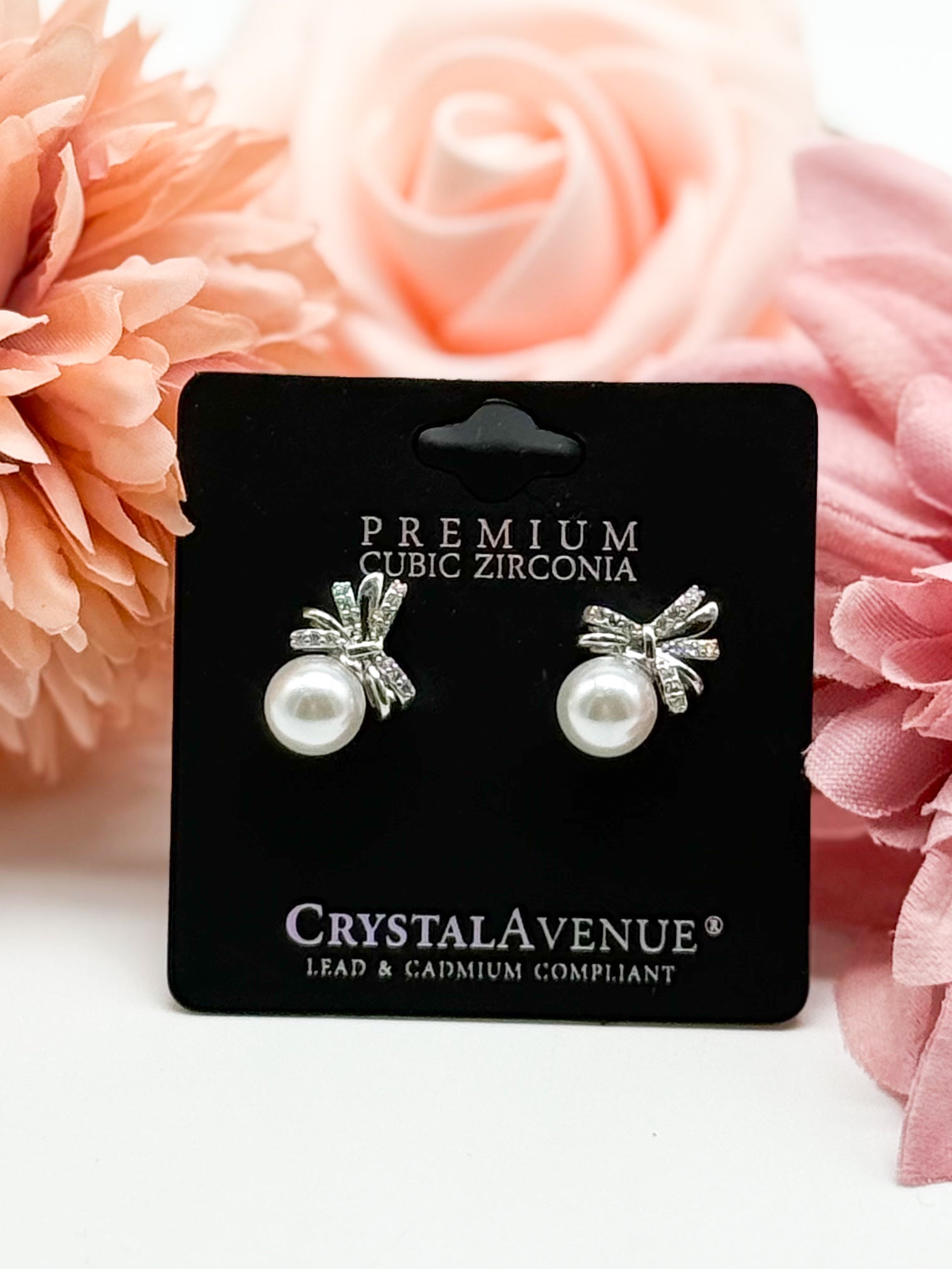 CZ Bow Pearl Stud Earring-310 Jewelry-RM Manufacturing-Heathered Boho Boutique, Women's Fashion and Accessories in Palmetto, FL