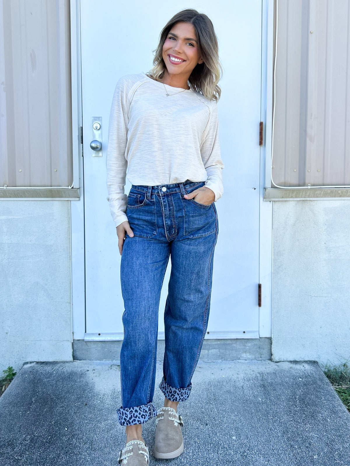 Leopard Personality Reversible Barrel Jeans by Saige-190 JEANS-SAIGE DENIM-Heathered Boho Boutique, Women's Fashion and Accessories in Palmetto, FL