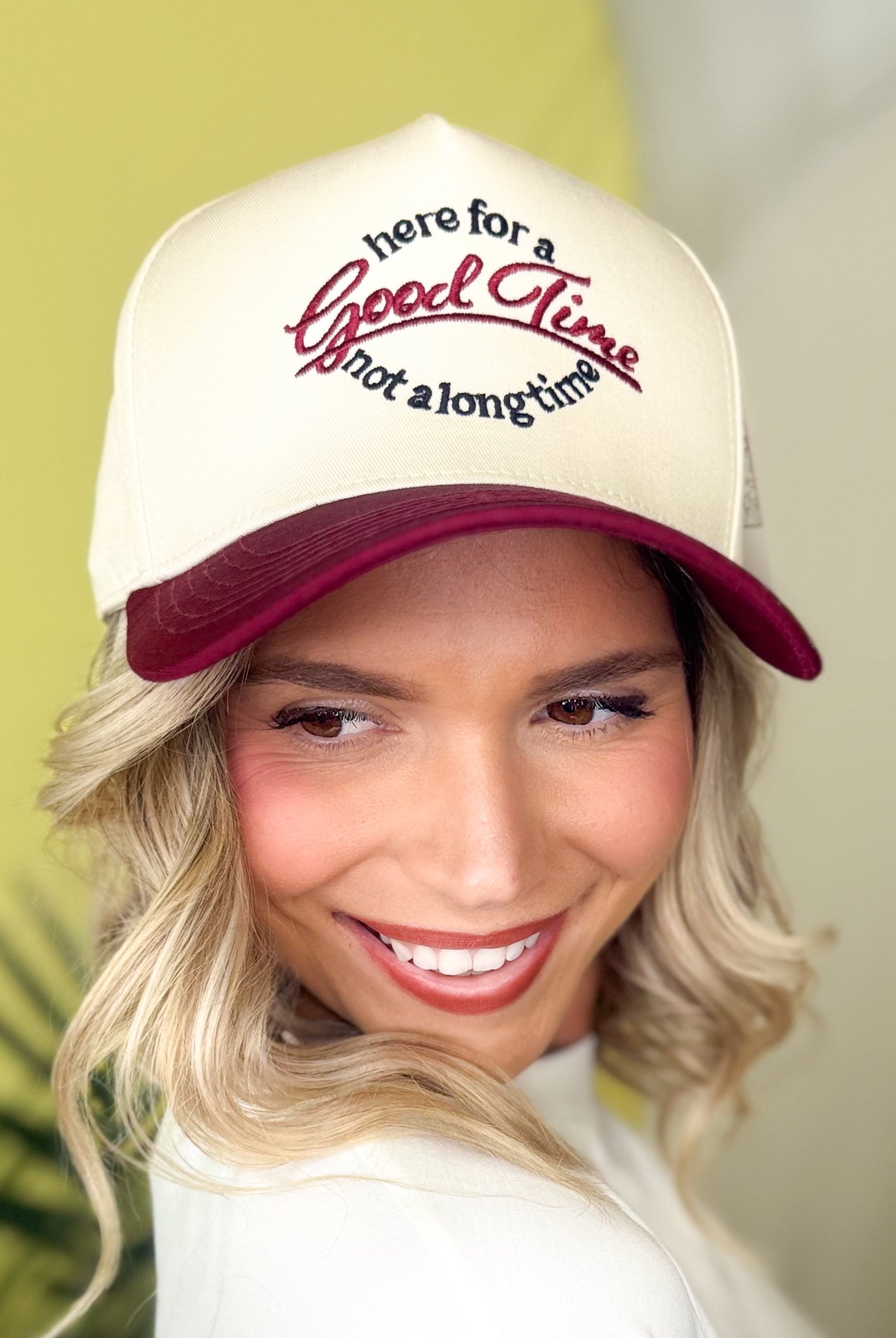 Here For A Good Time Not A Long Time Cap-330 Headwear-Funky Junque-Heathered Boho Boutique, Women's Fashion and Accessories in Palmetto, FL