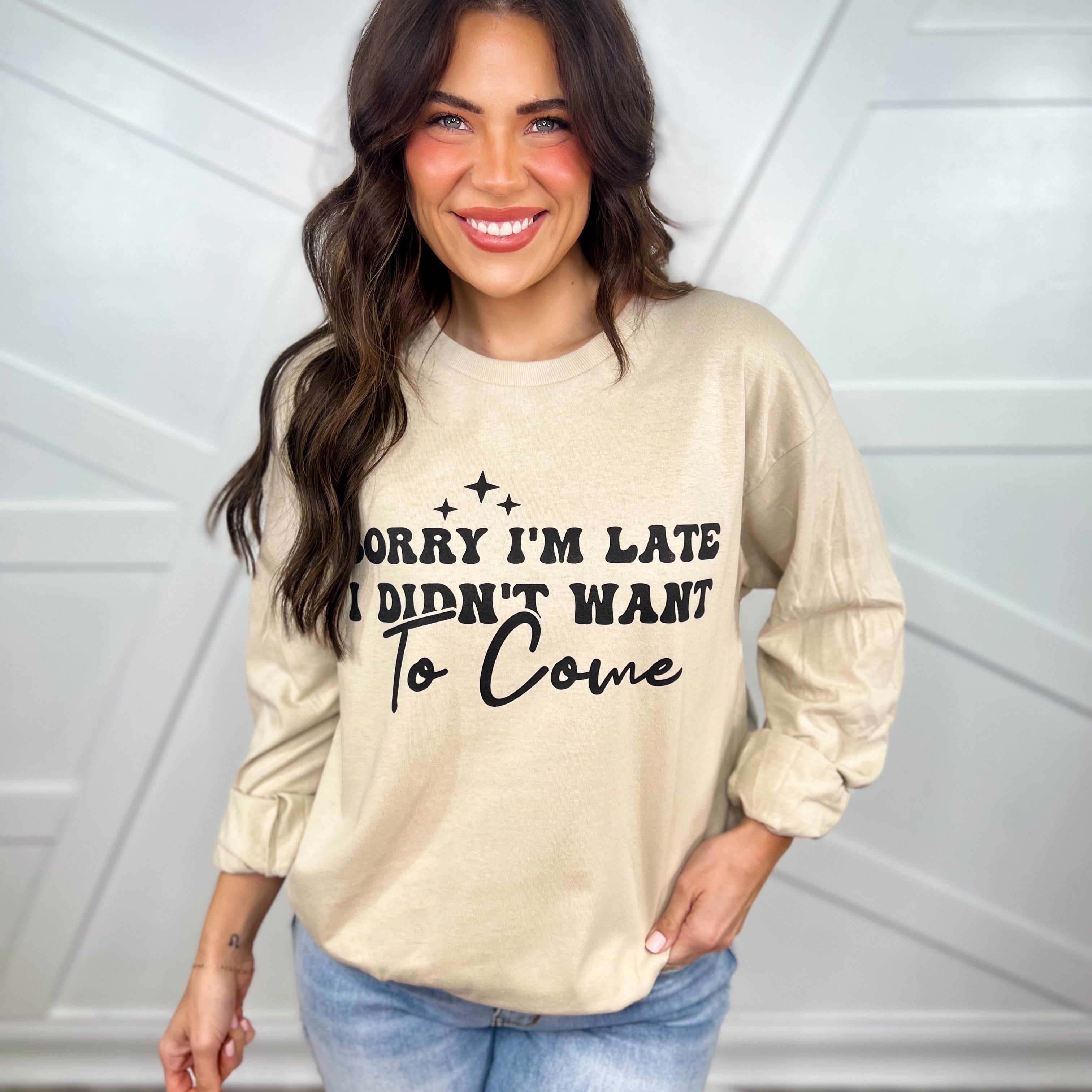 Sorry I'm Late Graphic Long Sleeve-130 Graphic Tees-Heathered Boho-Heathered Boho Boutique, Women's Fashion and Accessories in Palmetto, FL
