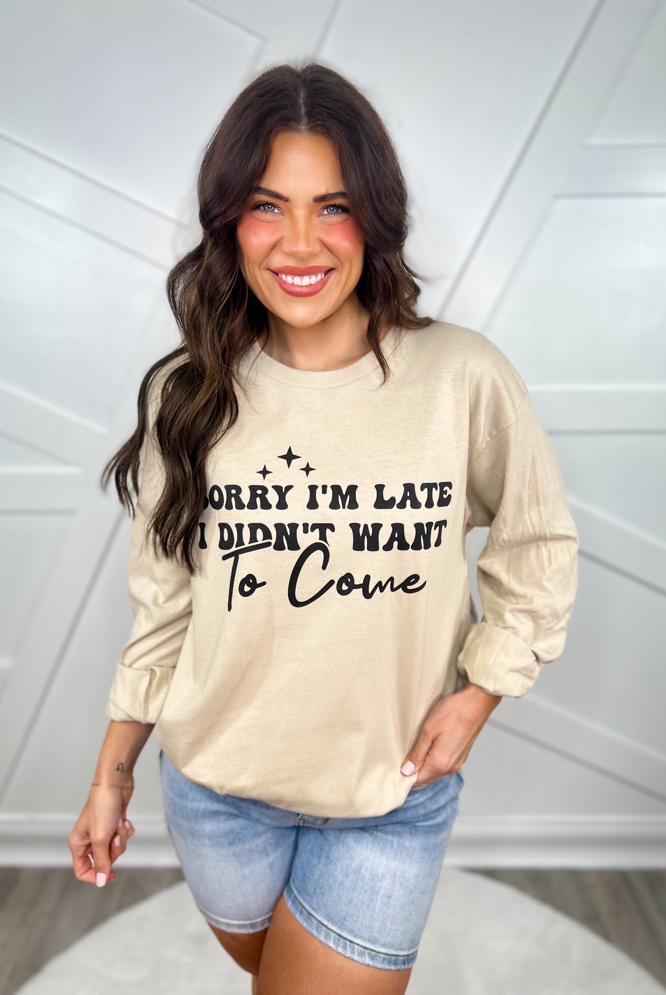 Sorry I'm Late Graphic Long Sleeve-130 Graphic Tees-Heathered Boho-Heathered Boho Boutique, Women's Fashion and Accessories in Palmetto, FL
