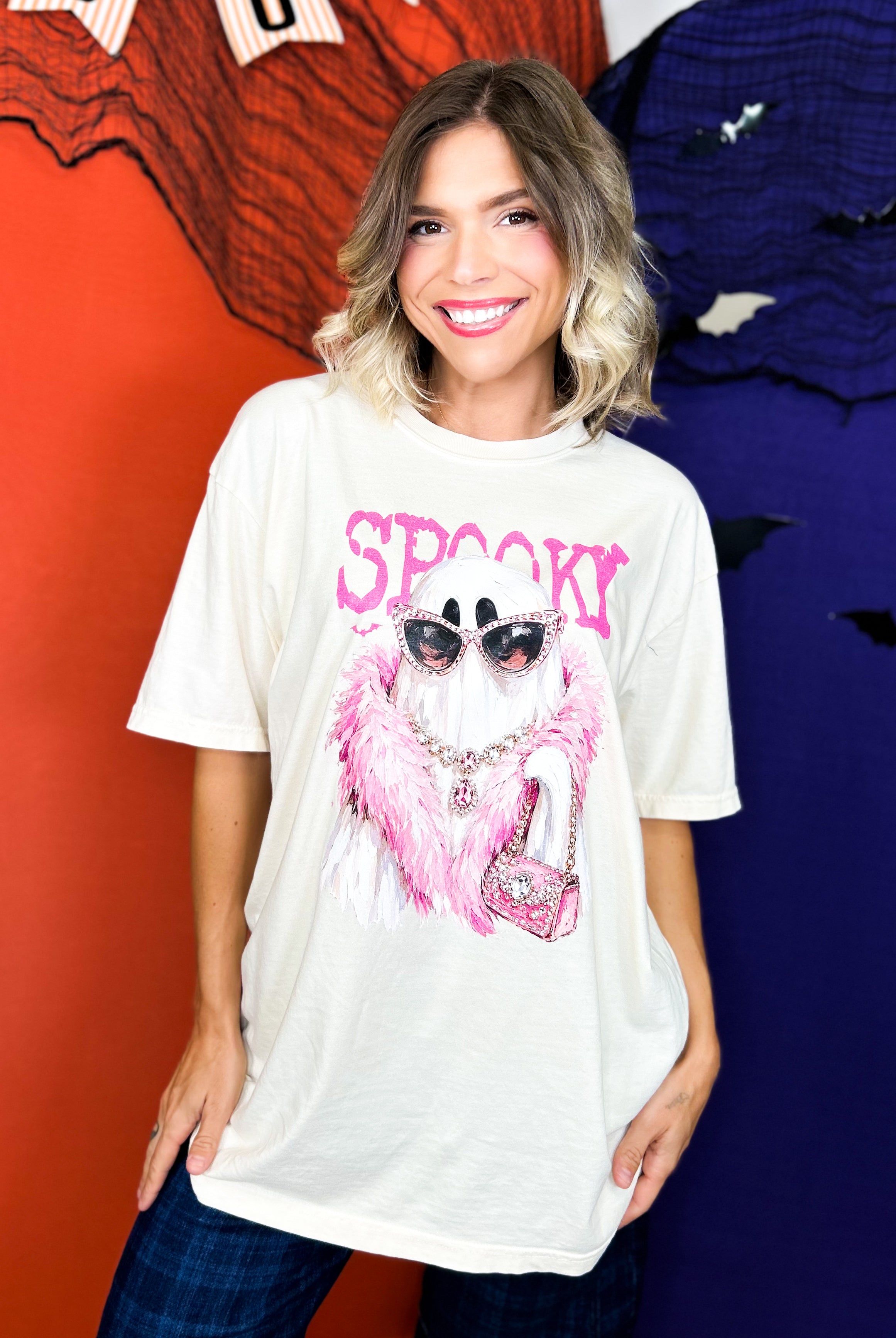 Spooky Bling Ghost Graphic Tee-130 Graphic Tees-Heathered Boho-Heathered Boho Boutique, Women's Fashion and Accessories in Palmetto, FL