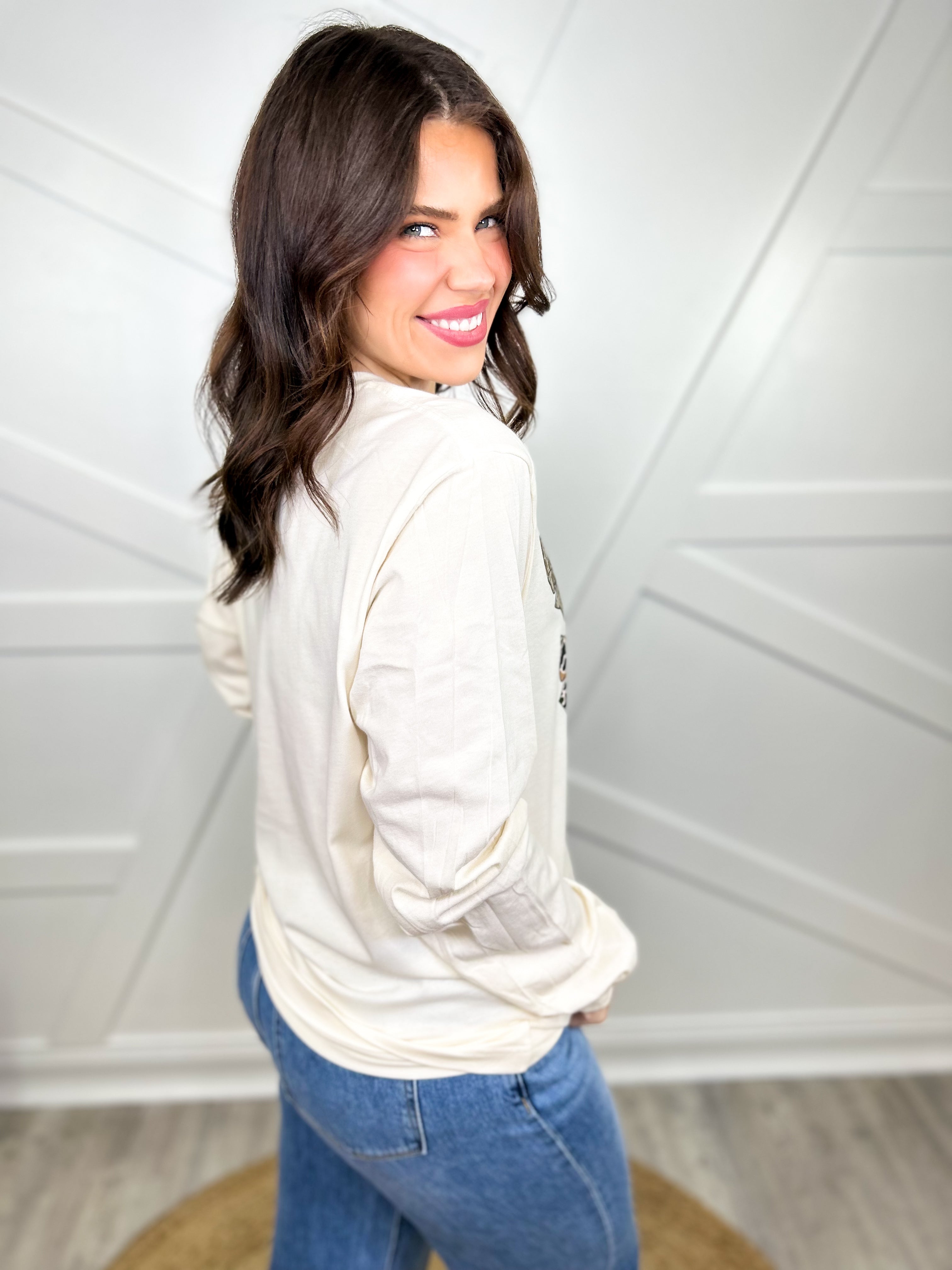 Camo Bows Graphic Long Sleeve-130 Graphic Tees-Heathered Boho-Heathered Boho Boutique, Women's Fashion and Accessories in Palmetto, FL