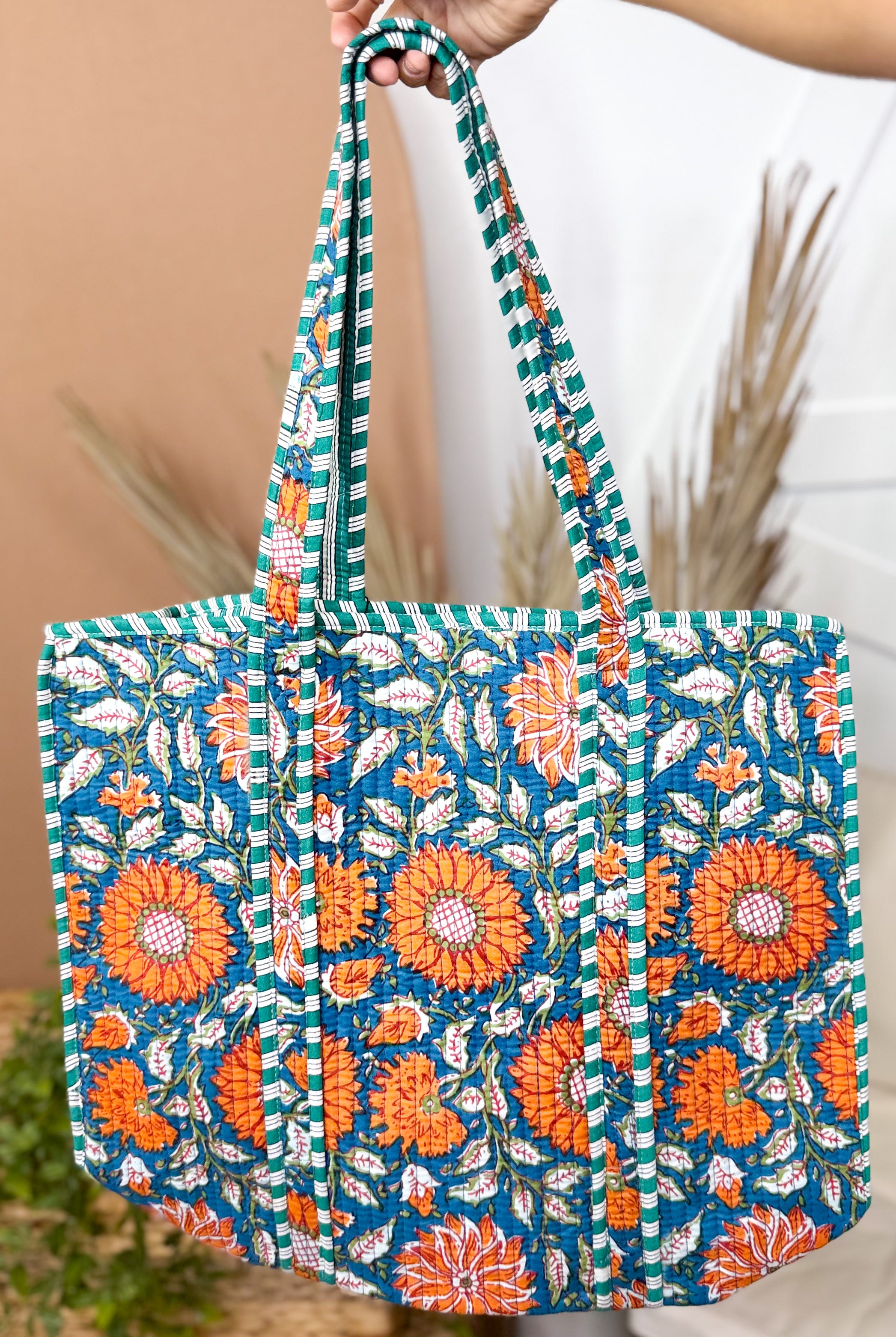 Orange Flower Quilted Tote Bag-320 BAGS-LA SOUL-Heathered Boho Boutique, Women's Fashion and Accessories in Palmetto, FL