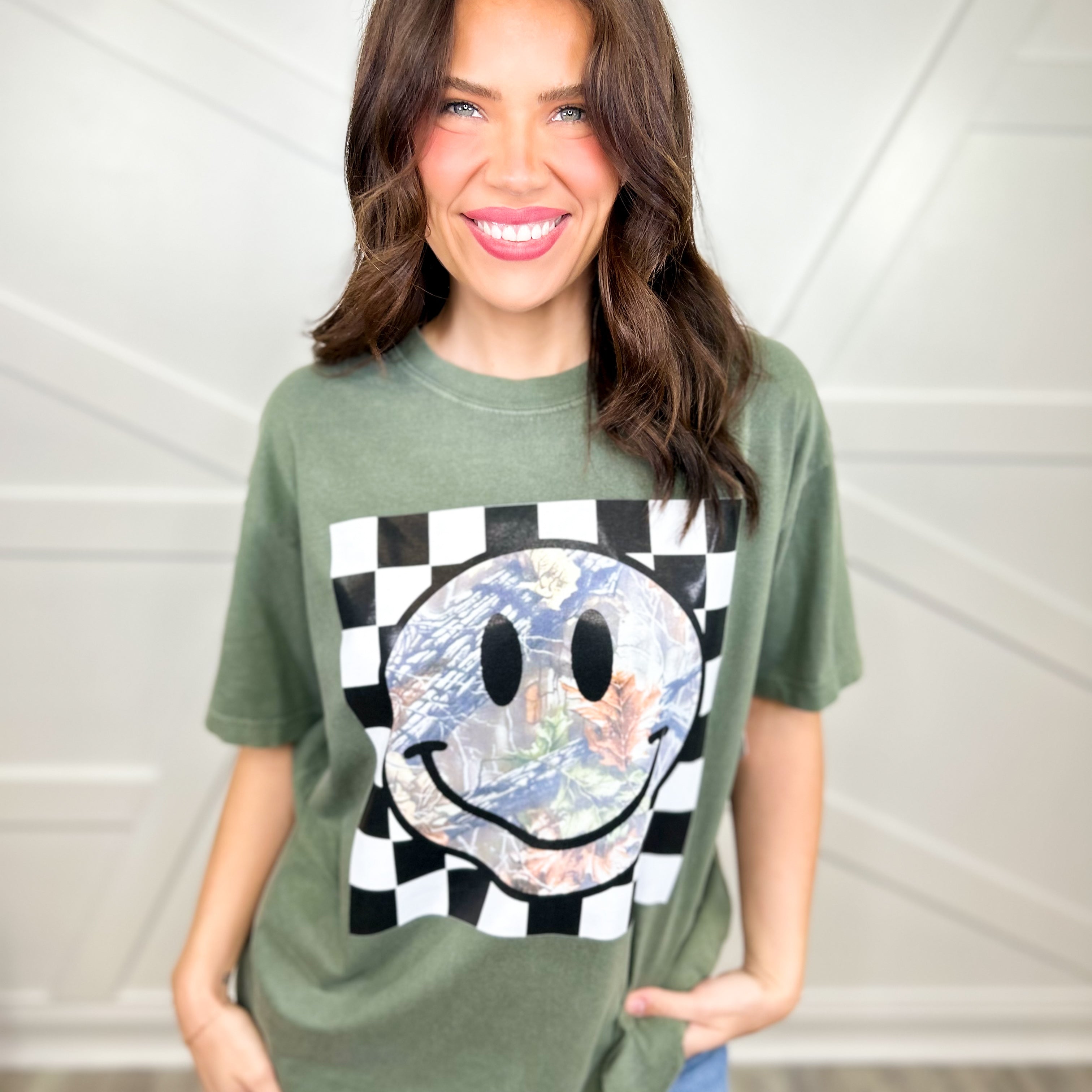 Checkered Camo Smiley Graphic Tee-130 Graphic Tees-Heathered Boho-Heathered Boho Boutique, Women's Fashion and Accessories in Palmetto, FL