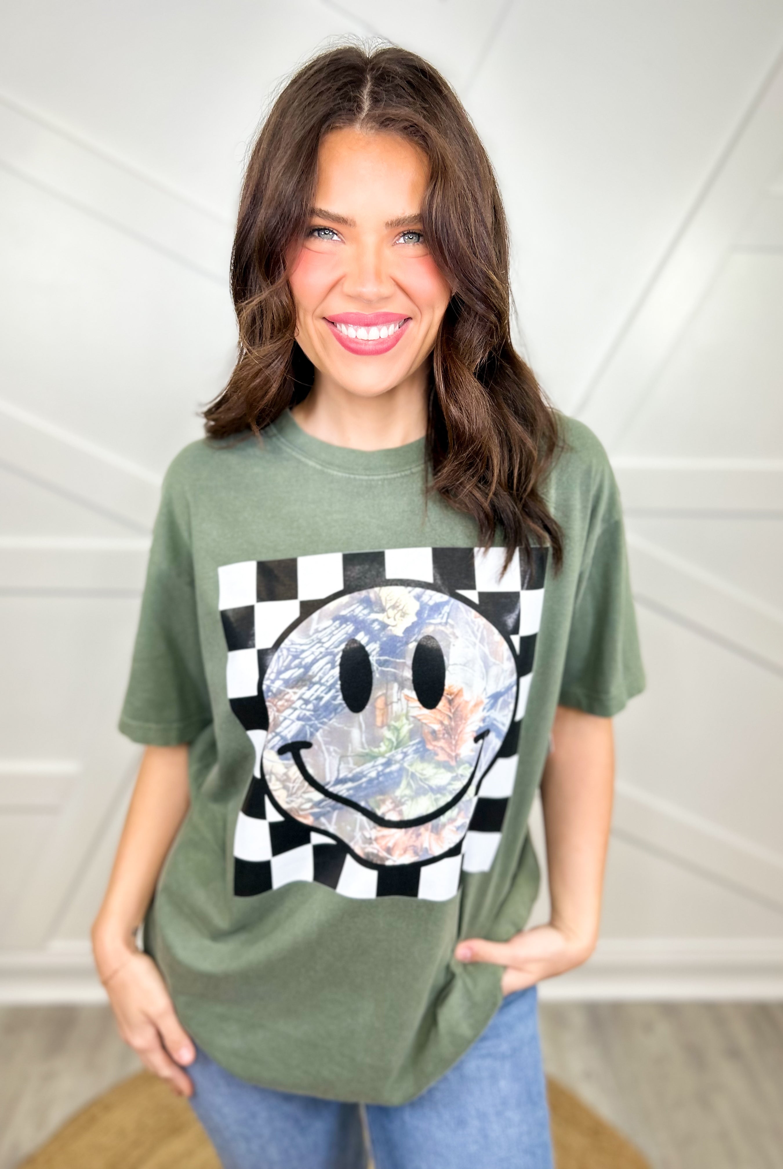Checkered Camo Smiley Graphic Tee-130 Graphic Tees-Heathered Boho-Heathered Boho Boutique, Women's Fashion and Accessories in Palmetto, FL
