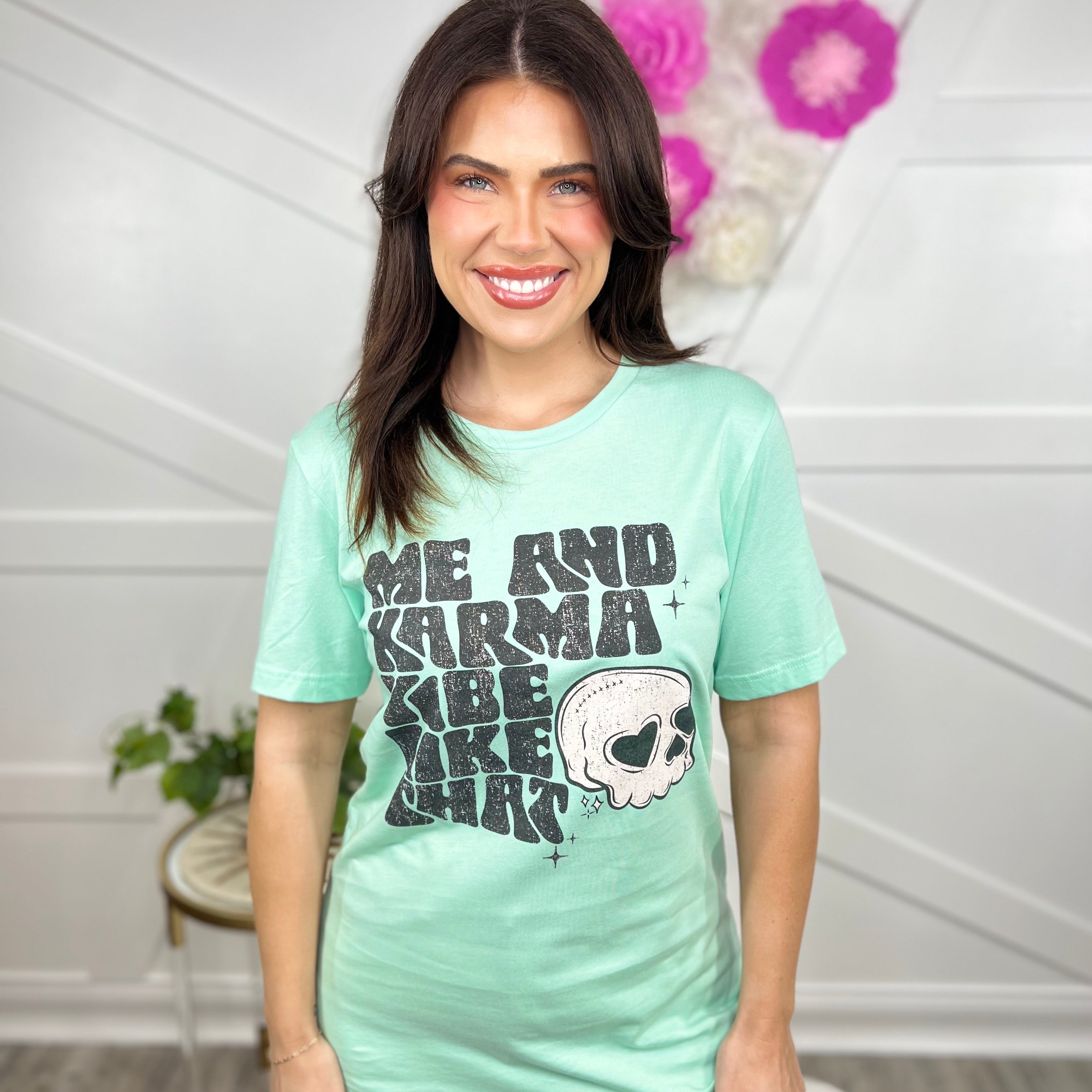 Me and Karma Graphic Tee-130 Graphic Tees-Heathered Boho-Heathered Boho Boutique, Women's Fashion and Accessories in Palmetto, FL