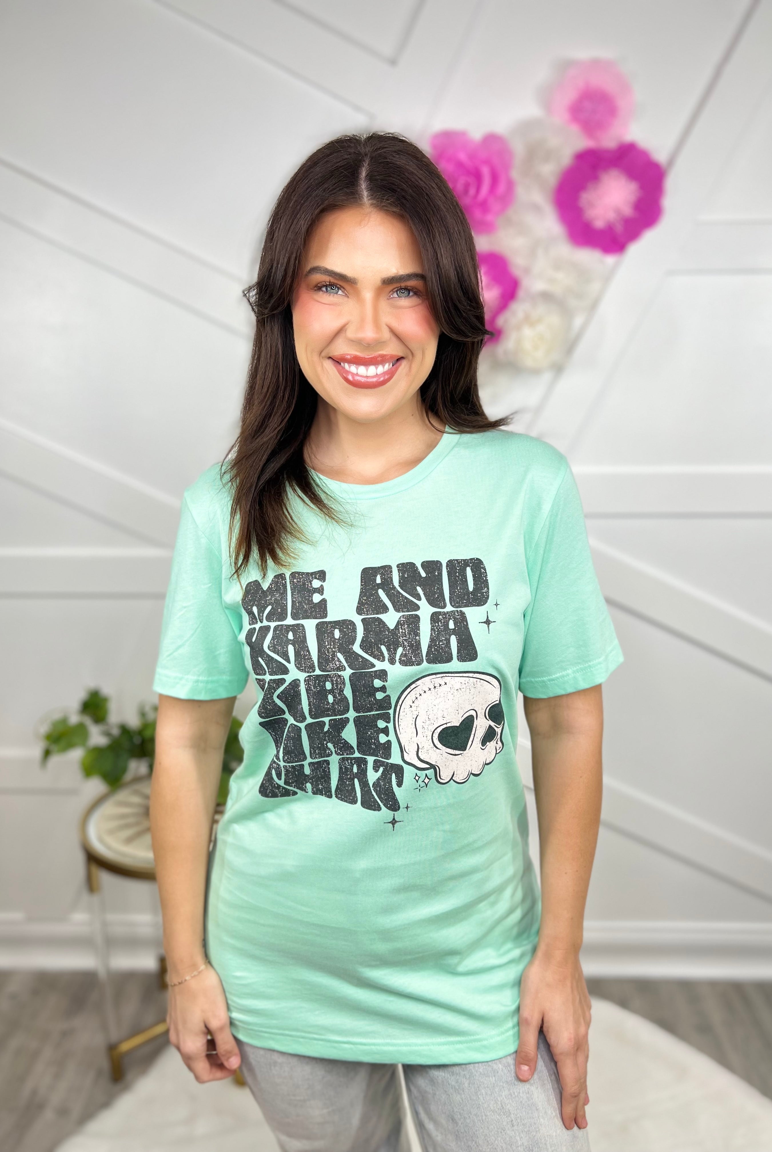 Me and Karma Graphic Tee-130 Graphic Tees-Heathered Boho-Heathered Boho Boutique, Women's Fashion and Accessories in Palmetto, FL