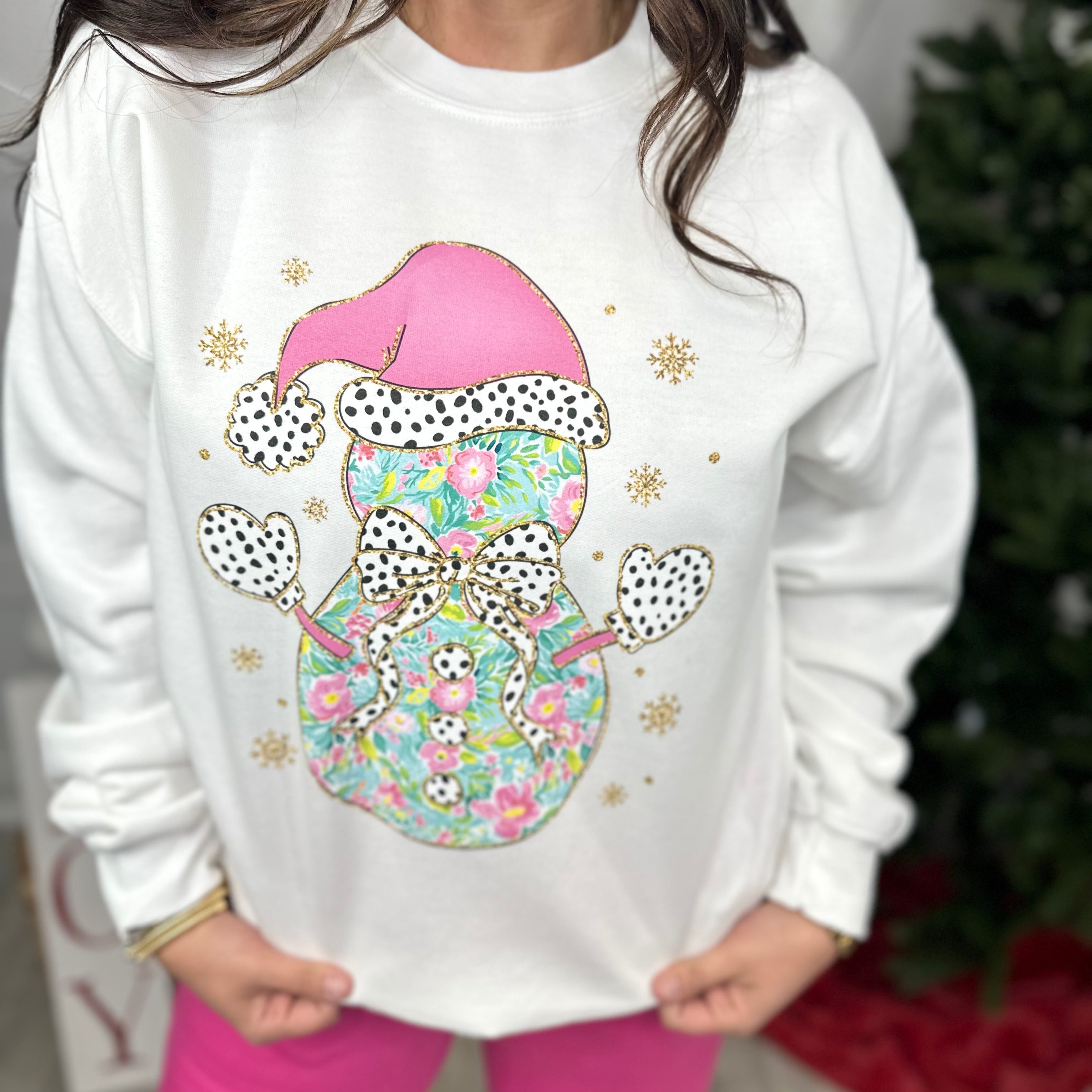 Glitter Floral Snowman Graphic Sweatshirt-125 Sweater-Heathered Boho-Heathered Boho Boutique, Women's Fashion and Accessories in Palmetto, FL