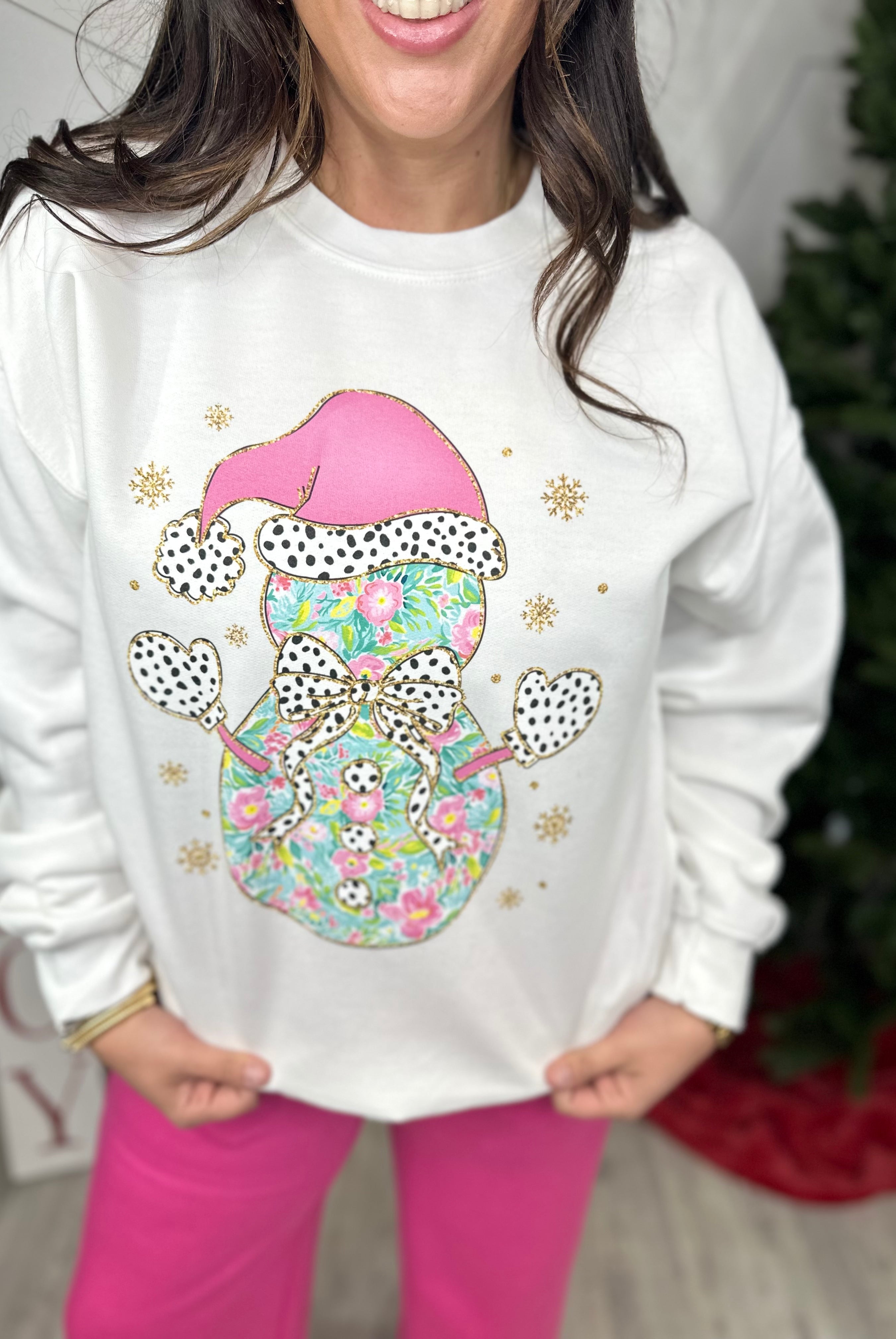 Glitter Floral Snowman Graphic Sweatshirt-125 Sweater-Heathered Boho-Heathered Boho Boutique, Women's Fashion and Accessories in Palmetto, FL
